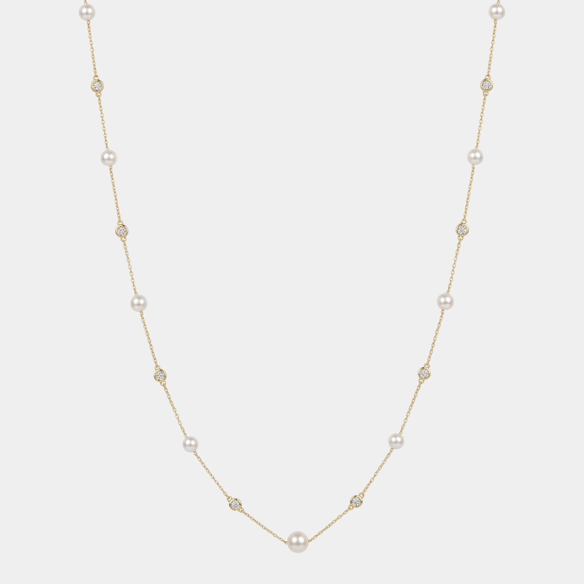 14K, Akoya Pearl & Natural Diamond Station Necklace