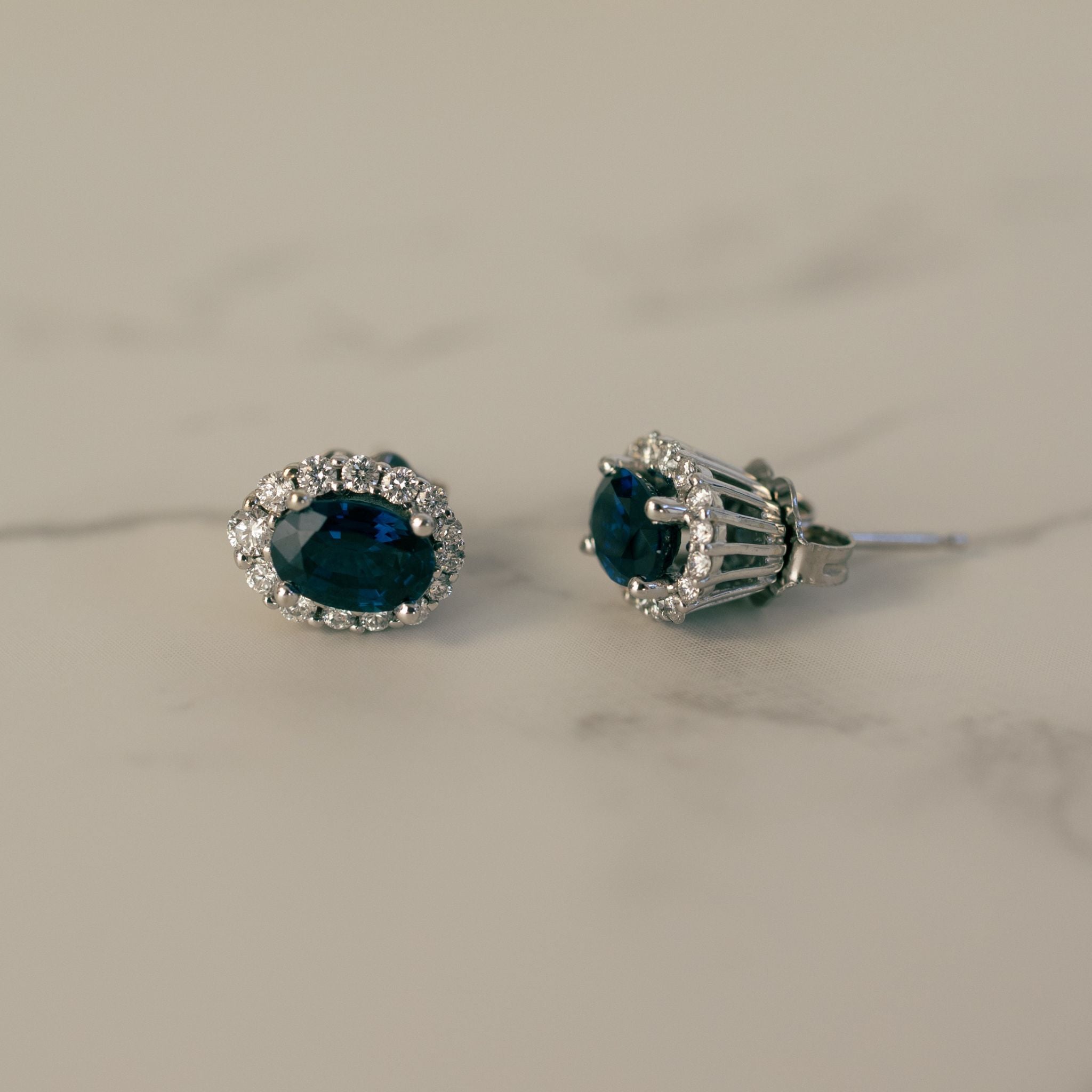 14K white gold natural sapphire and diamond stud lifestyle