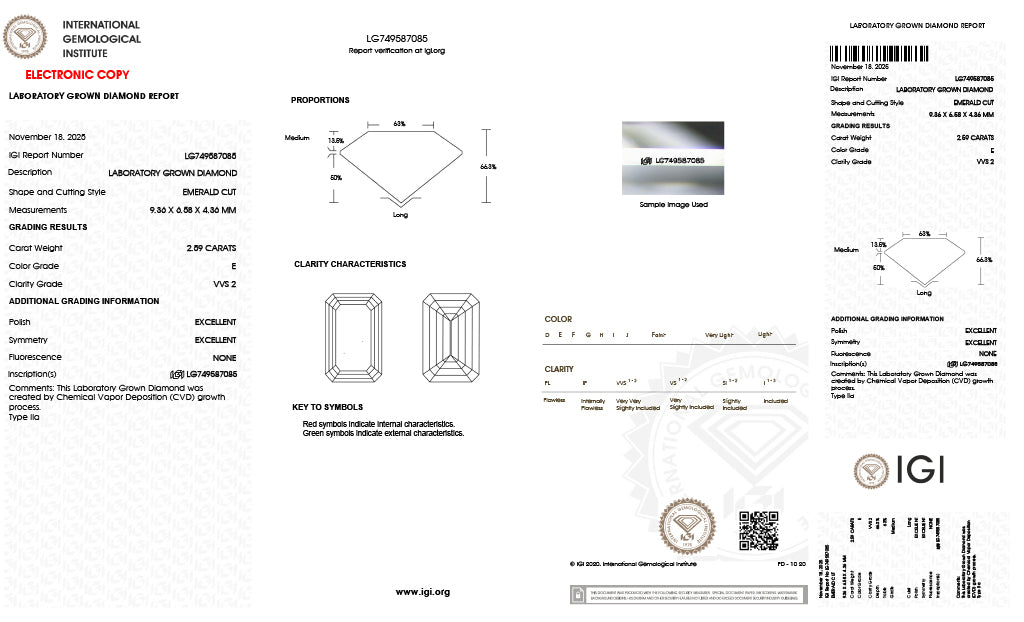 A flat scan of an official gemstone certification report from the International Gemological Institute (IGI), showing a Lab Report for a Labgrown Emerald-cut diamond. The document includes detailed specifications, measurements, clarity characteristics, and a small inset photograph of the diamond on a white background.
