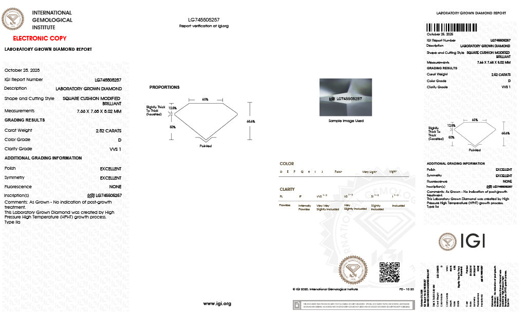 Laboratory gemstone standards report for a round brilliant-cut square cushion modified diamond, featuring grading tables, a color card, a square profile diagram, and certification details from the International Gemological Institute (IGI).