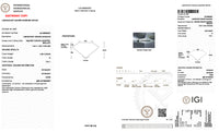 Laboratory gemstone standards report for a round brilliant-cut square cushion modified diamond, featuring grading tables, a color card, a square profile diagram, and certification details from the International Gemological Institute (IGI).