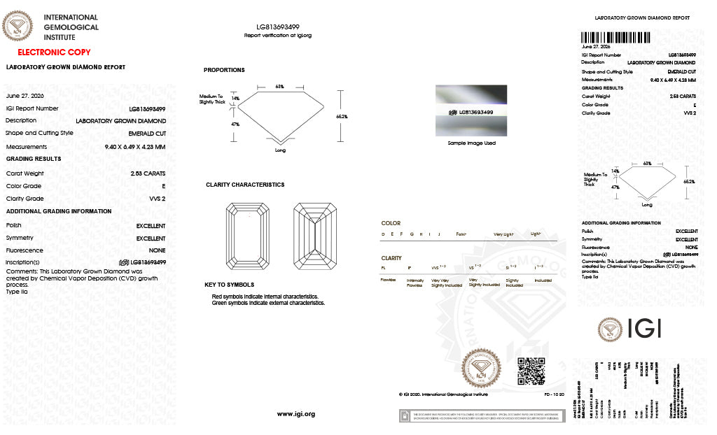 An electronic copy of a gemological certificate from the International Gemological Institute (IGI) for a lab-created diamond. The document features a diamond profile diagram, a clarity characteristic diagram, and various specifications and barcodes on a white background.