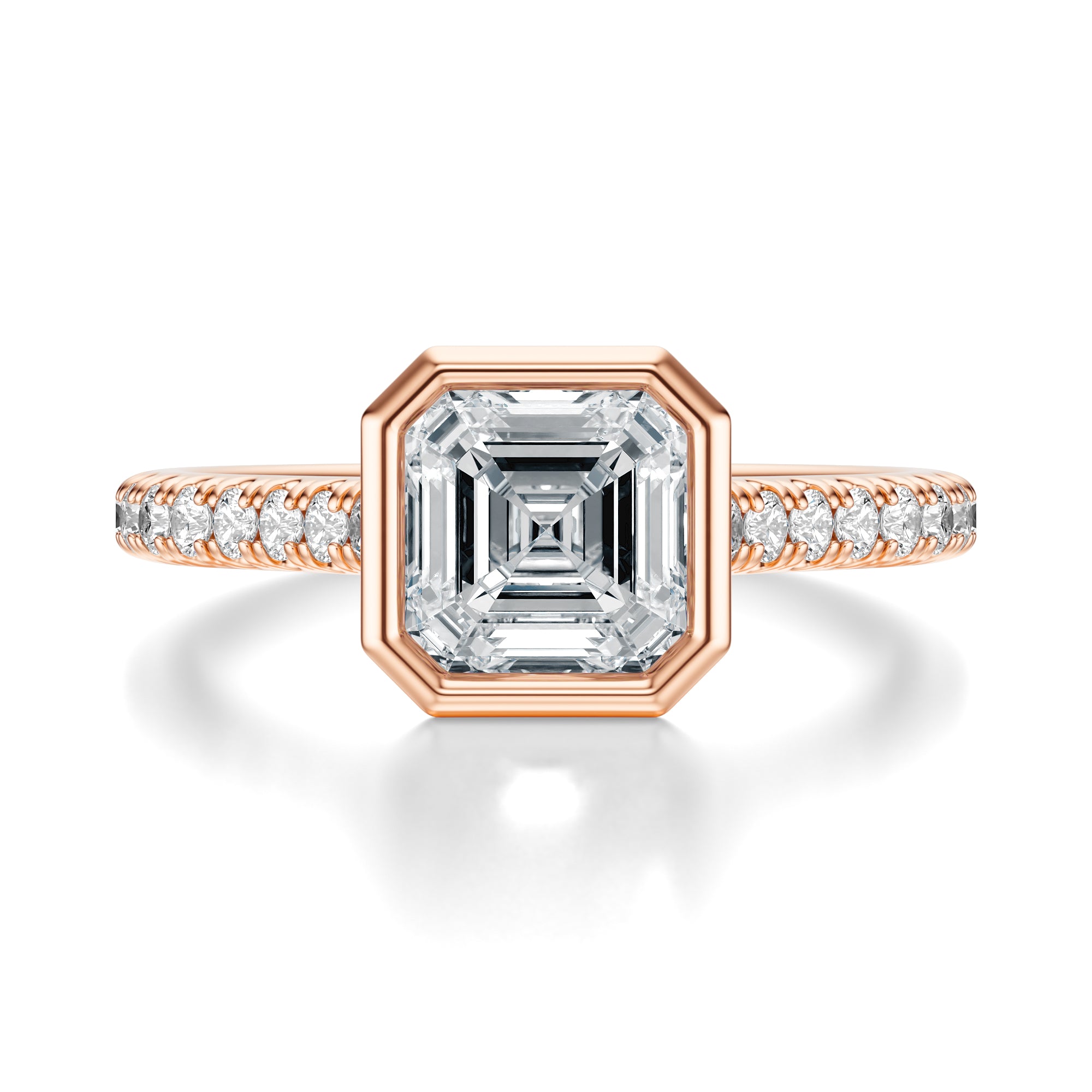 Signature Bezel Asscher Engagement Ring - Rose Gold Pavé Band - Front View