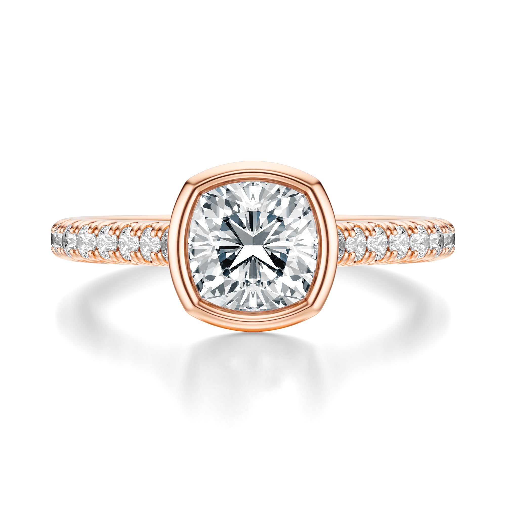 Signature Bezel Cushion Engagement Ring - Rose Gold Pavé Band - Front View