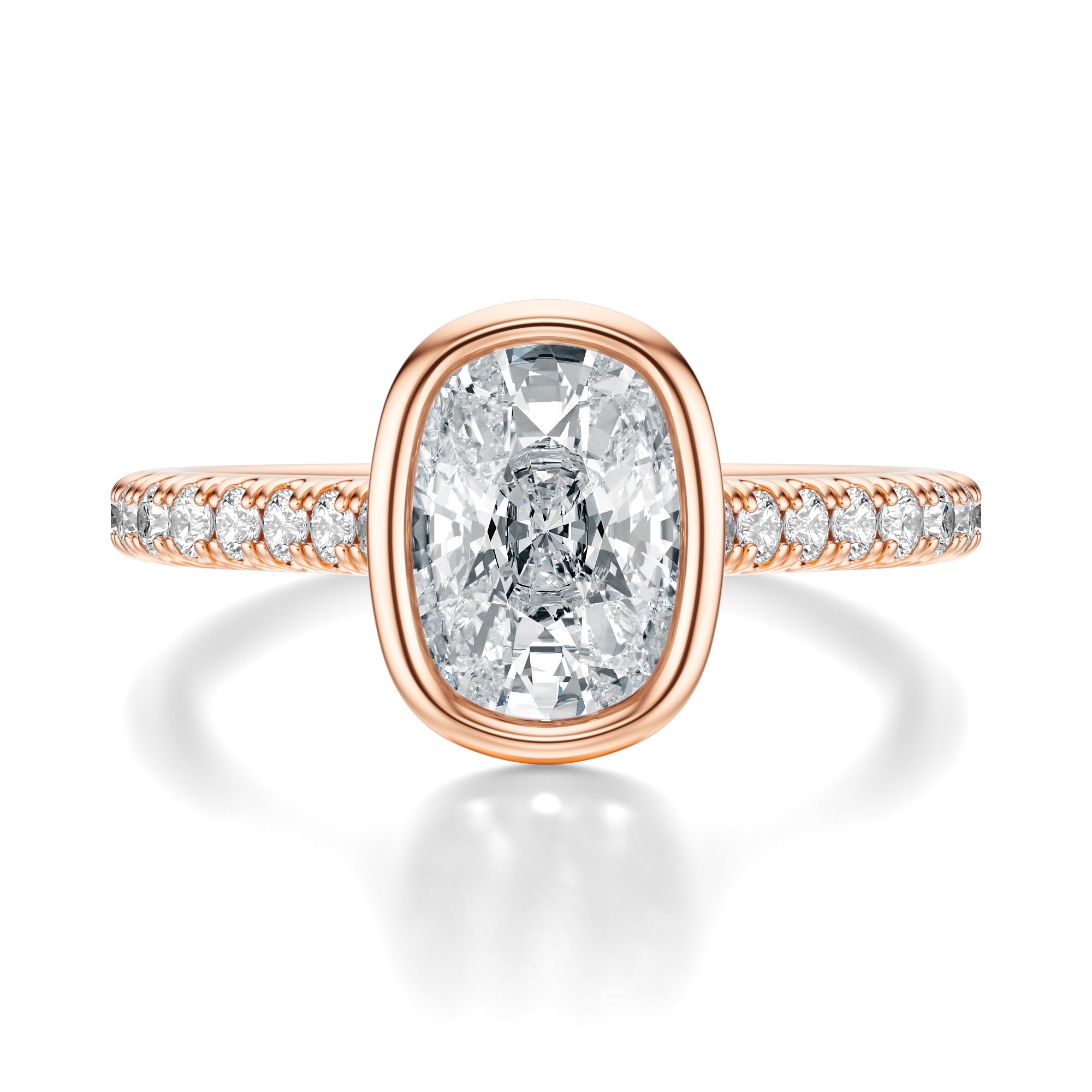 Signature Bezel Elongated Cushion Engagement Ring - Rose Gold Pavé Band - Front View
