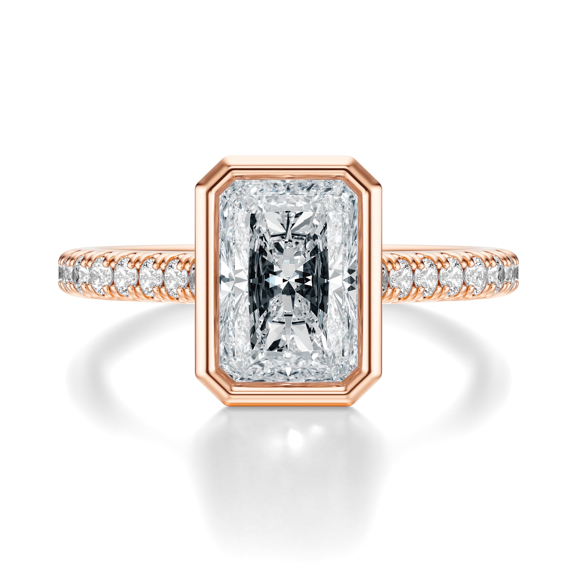 Signature Bezel Emerald Engagement Ring - Rose Gold Pavé Band - Front View