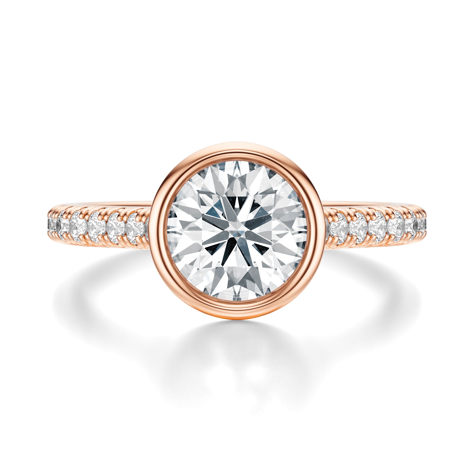 Signature Bezel Round Engagement Ring - Rose Gold Pavé Band - Front View