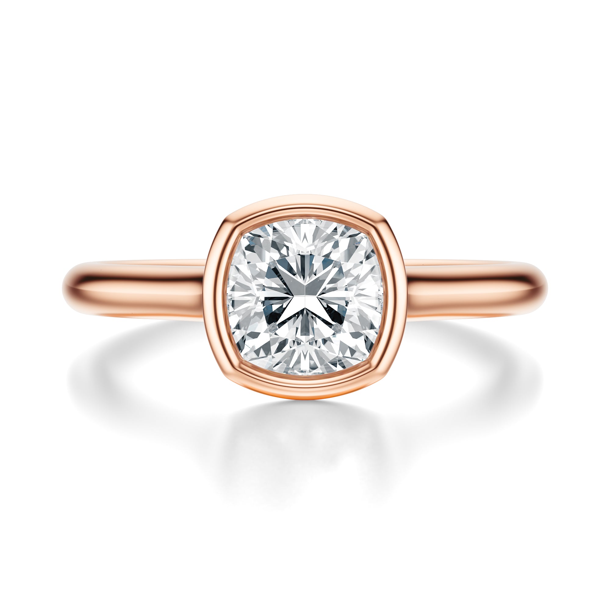 Signature Bezel Cushion Engagement Ring - Rose Gold Polished Band - Front View