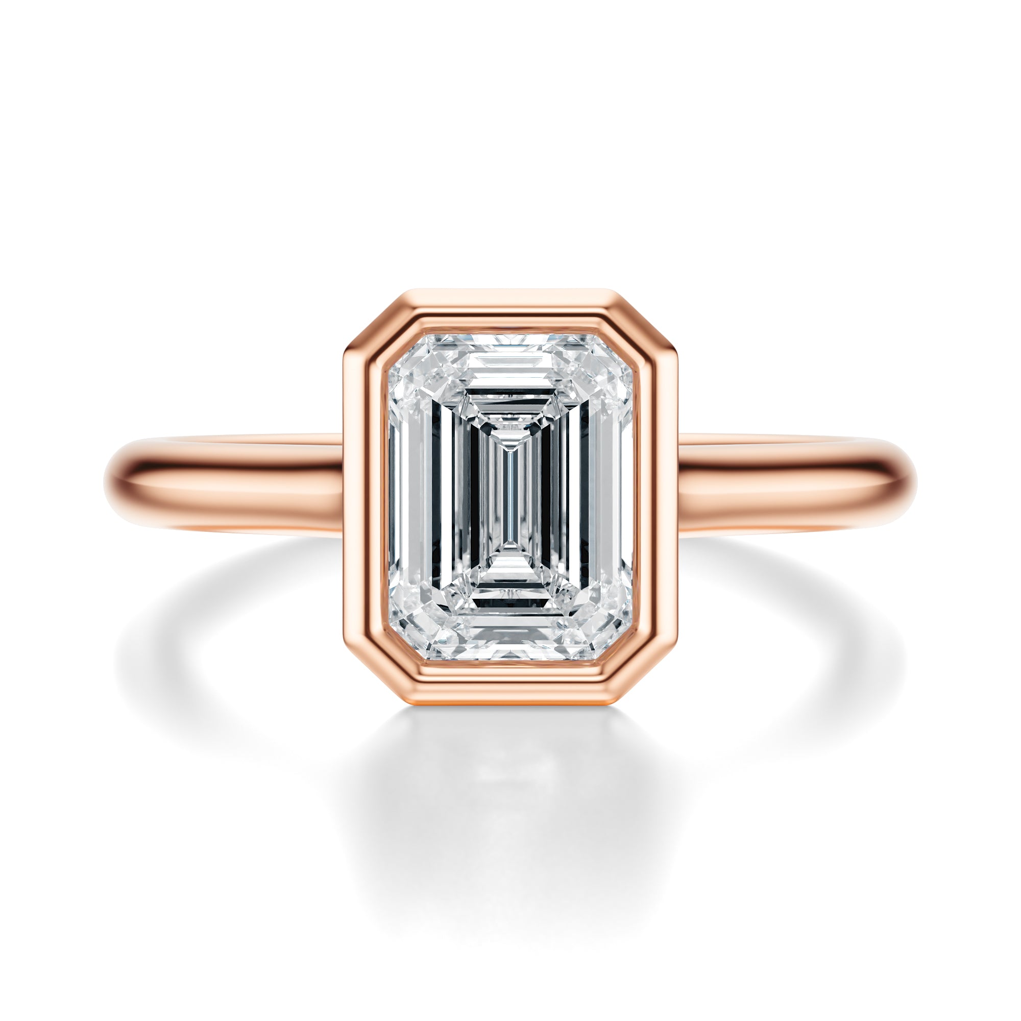 Signature Bezel Emerald Engagement Ring - Rose Gold Polished Band - Front View