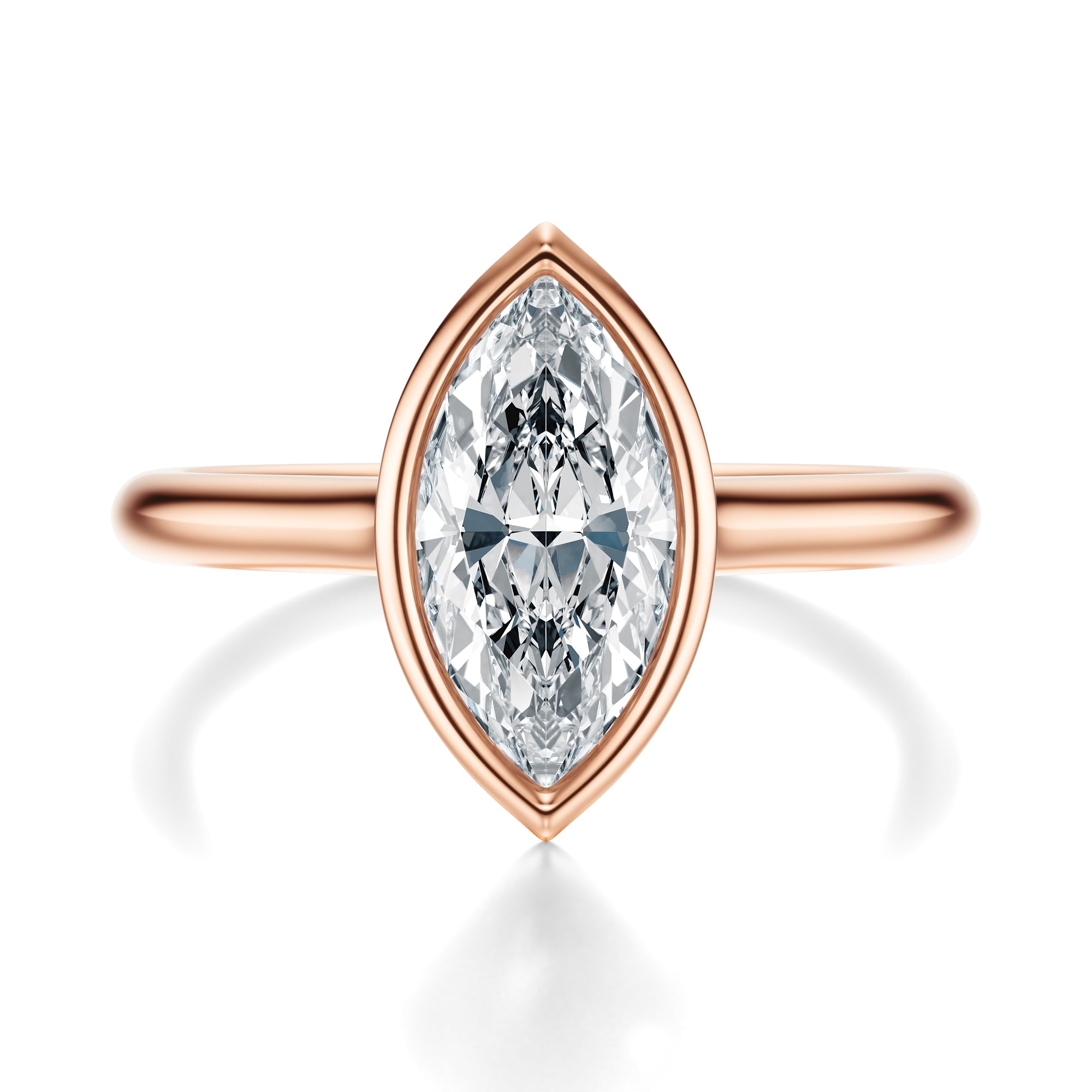 Signature Bezel Marquise Engagement Ring - Rose Gold Polished Band - Front View