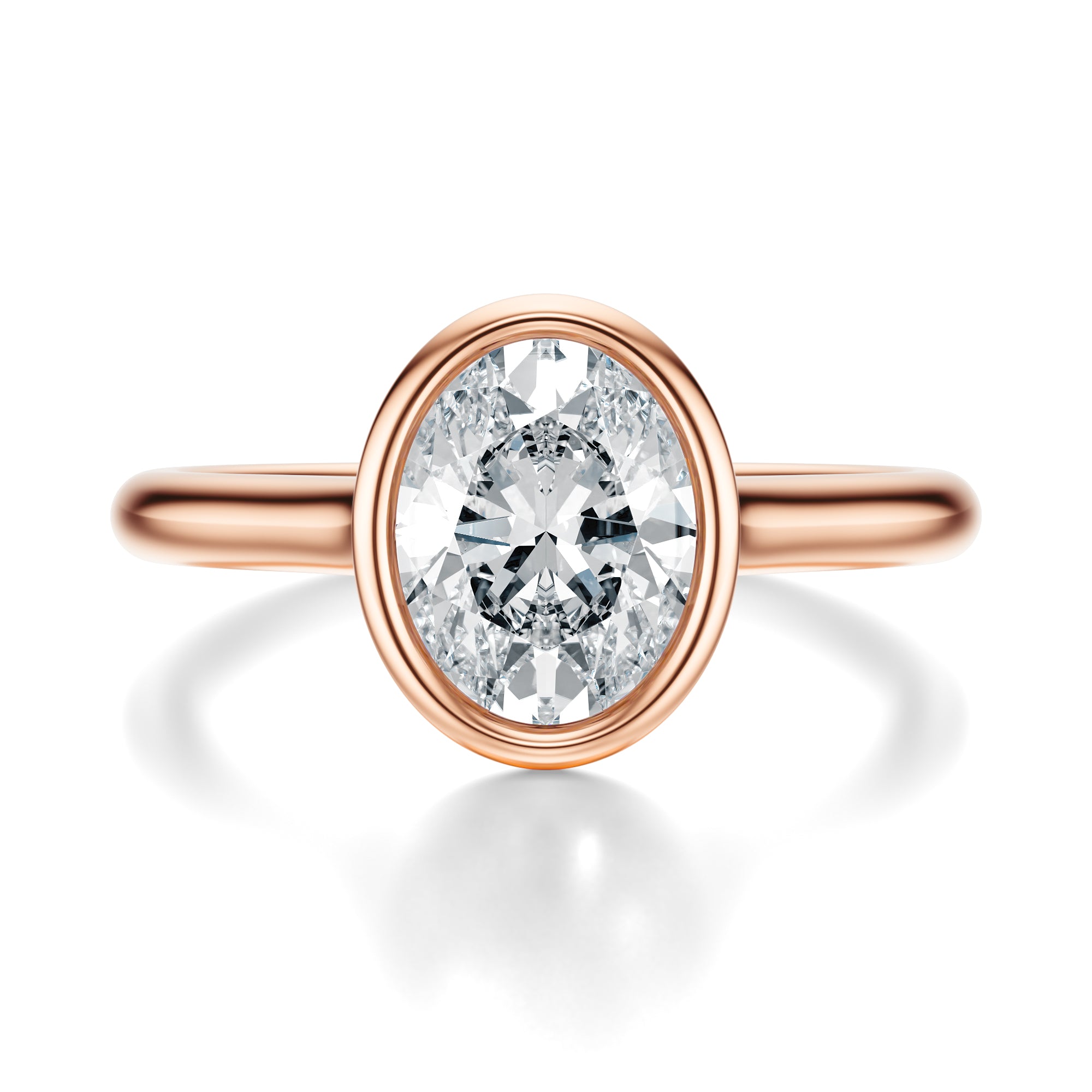 Signature Bezel Oval Engagement Ring - Rose Gold Polished Band - Front View