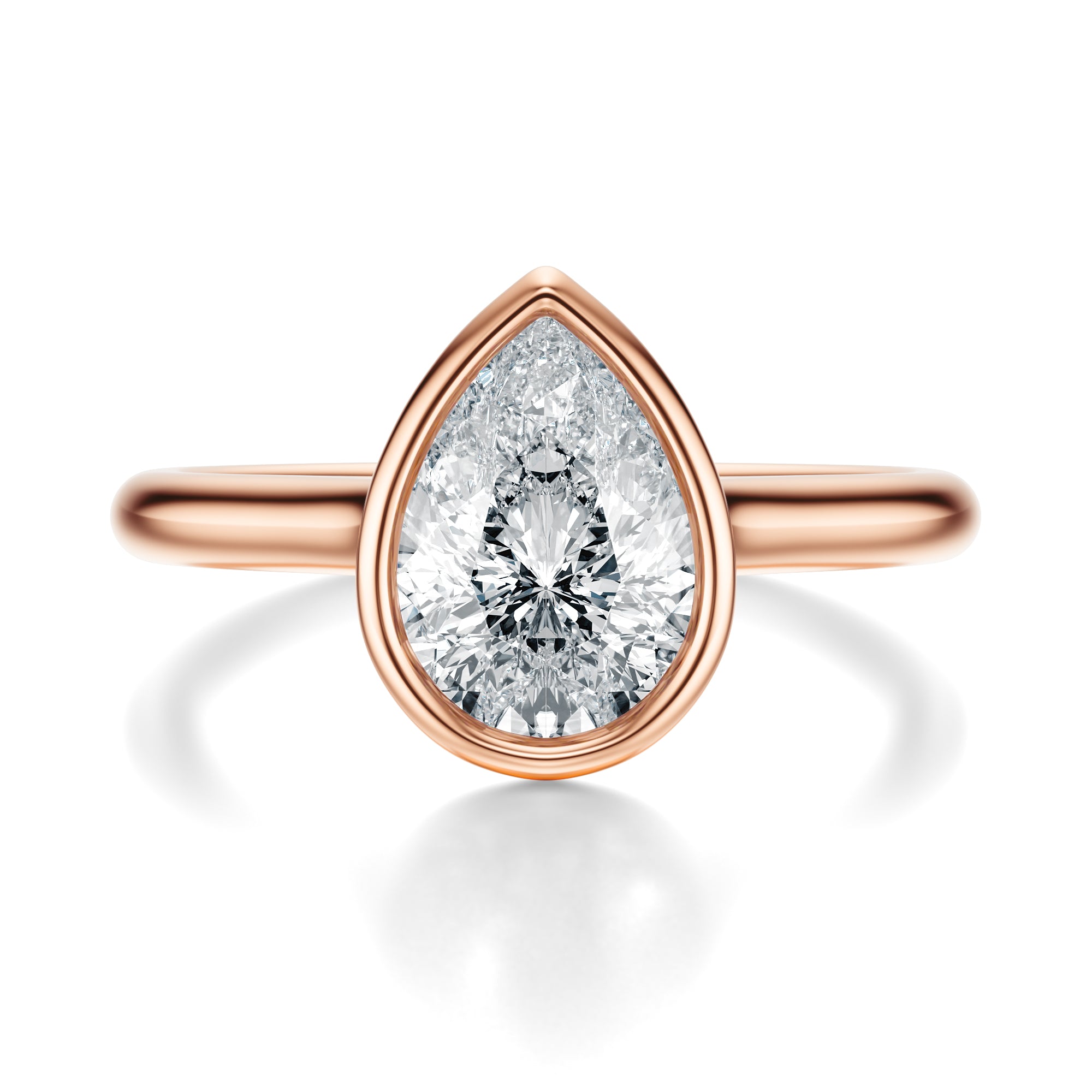 Signature Bezel Pear Engagement Ring - Rose Gold Polished Band - Front View
