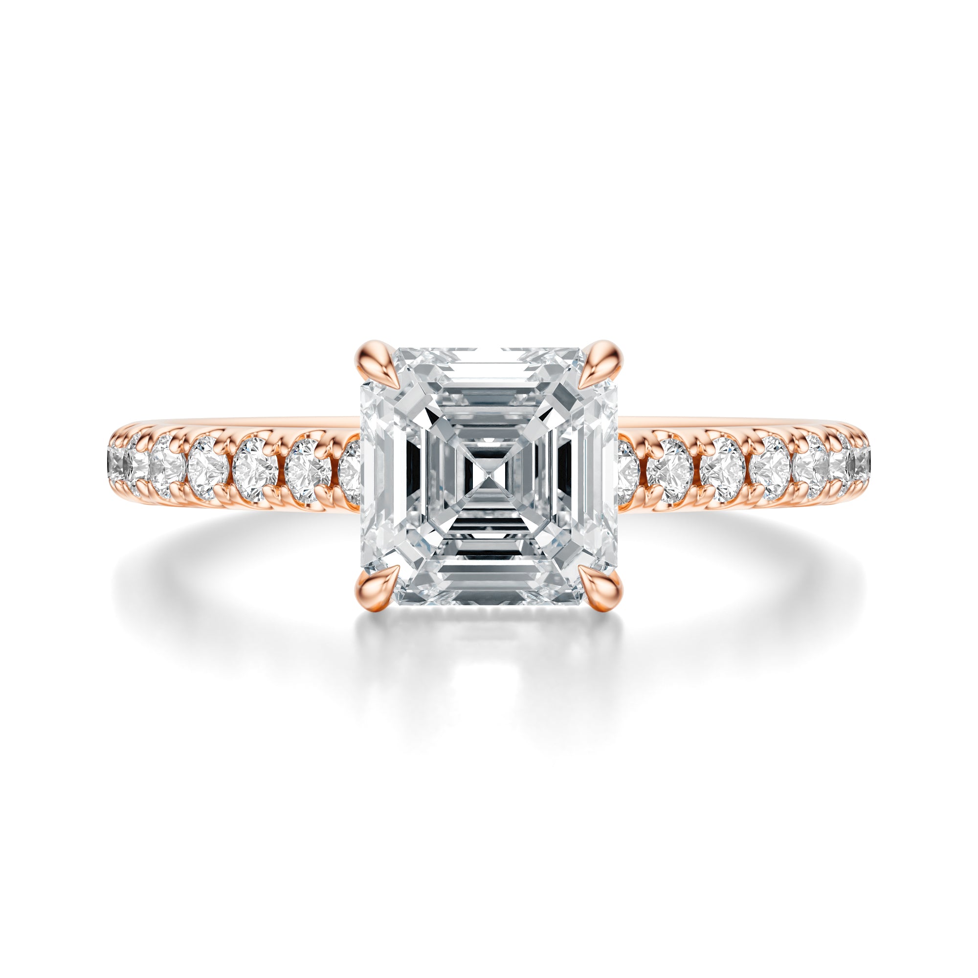 Signature Cathedral Hidden Halo Asscher Engagement Ring - Rose Gold Pavé Band - Front View