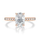 Signature Cathedral Hidden Halo Elongated Cushion Engagement Ring - Rose Gold Pavé Band - Front View