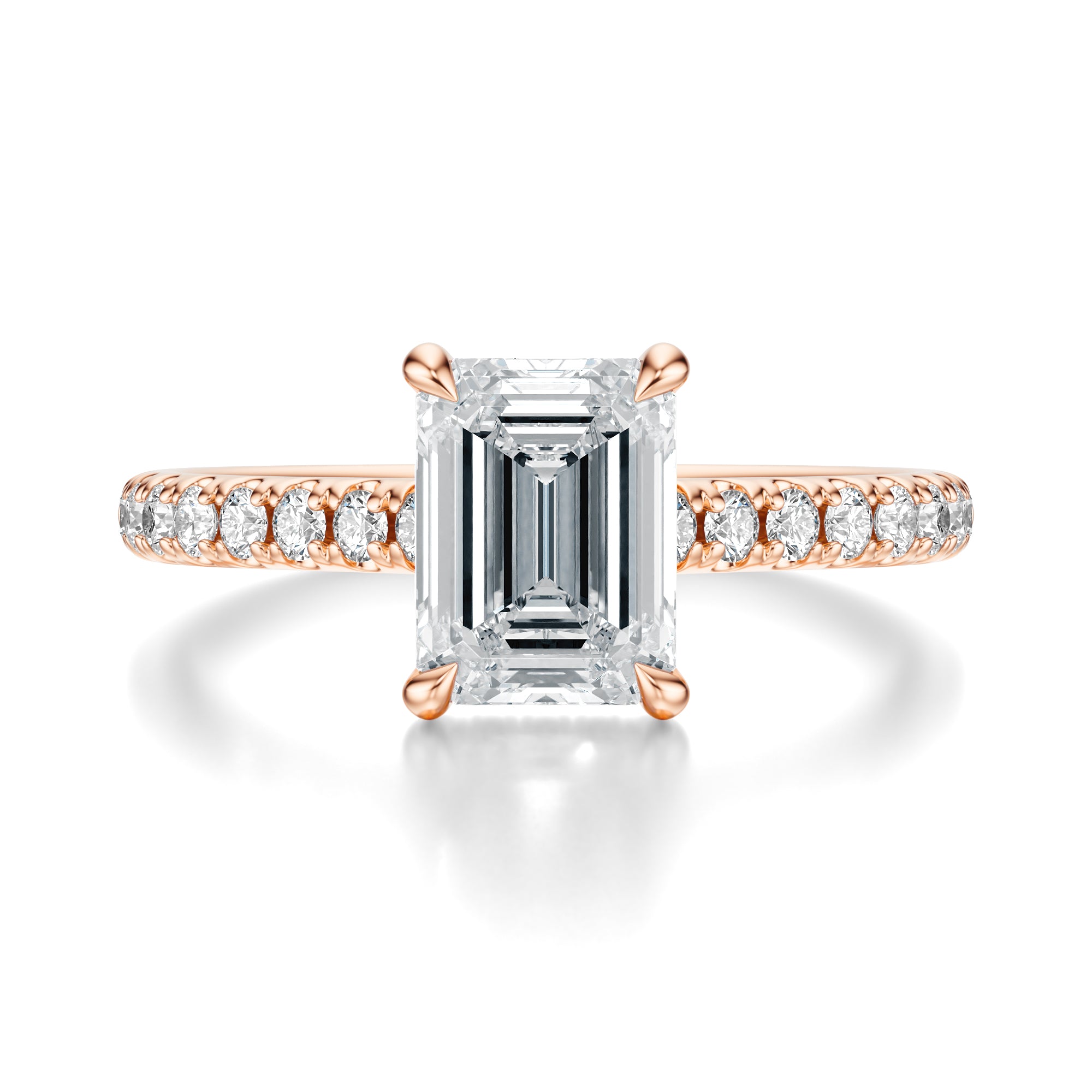 Signature Cathedral Hidden Halo Emerald Engagement Ring - Rose Gold Pavé Band - Front View