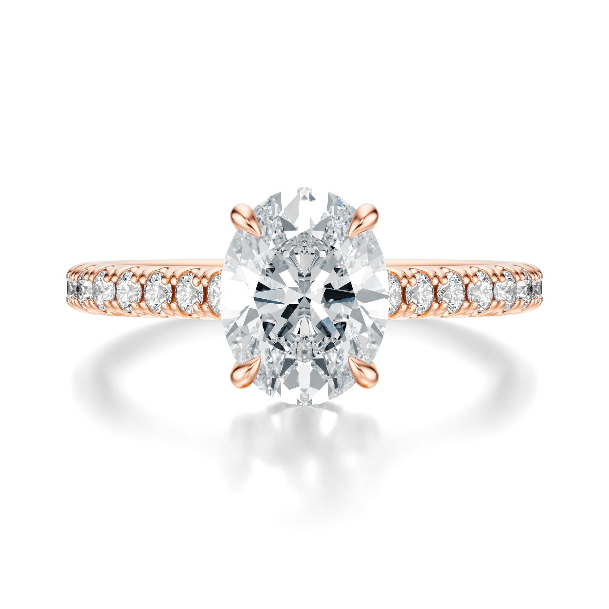Signature Cathedral Hidden Halo Oval Engagement Ring - Rose Gold Pavé Band - Front View