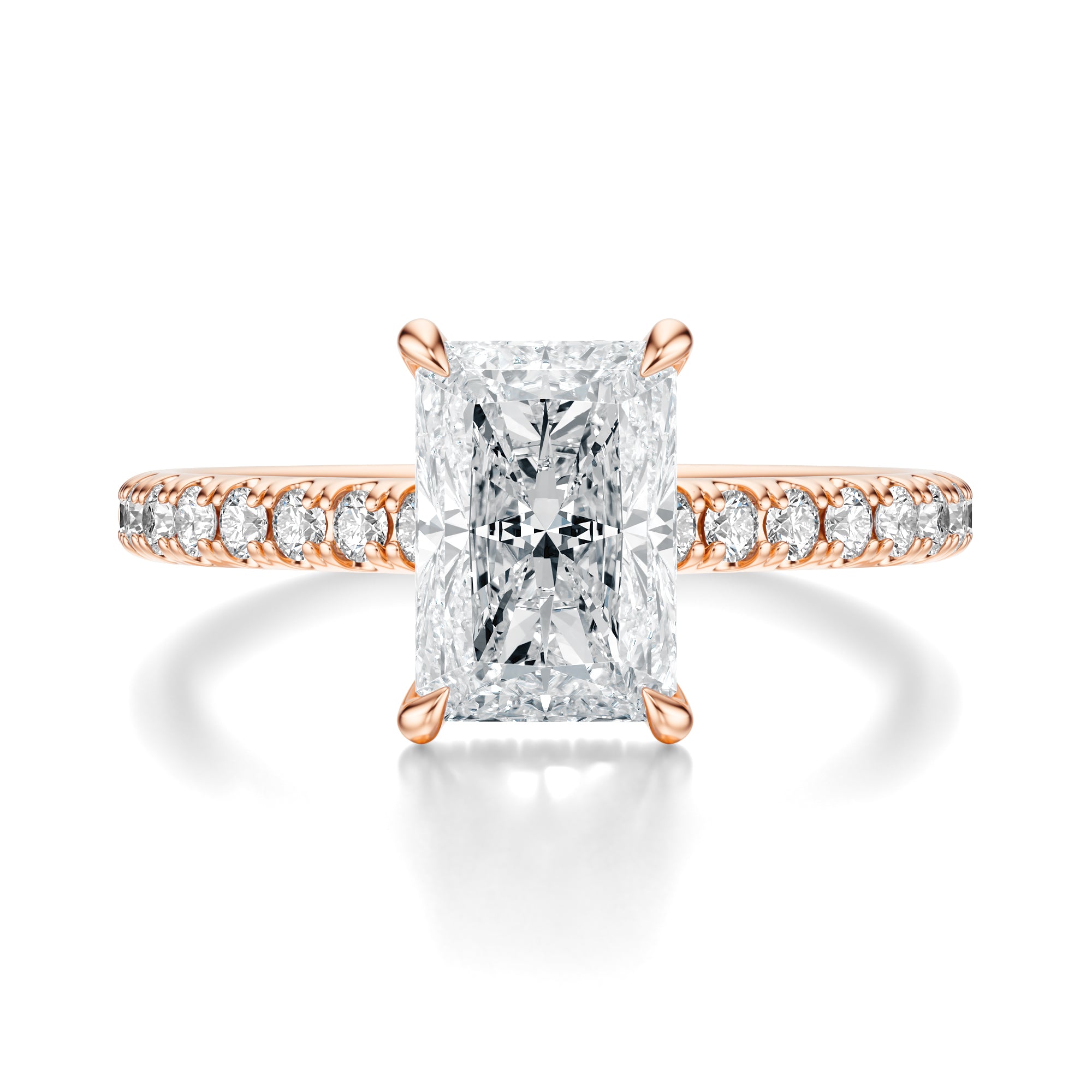 Signature Cathedral Hidden Halo Radiant Engagement Ring - Rose Gold Pavé Band - Front View