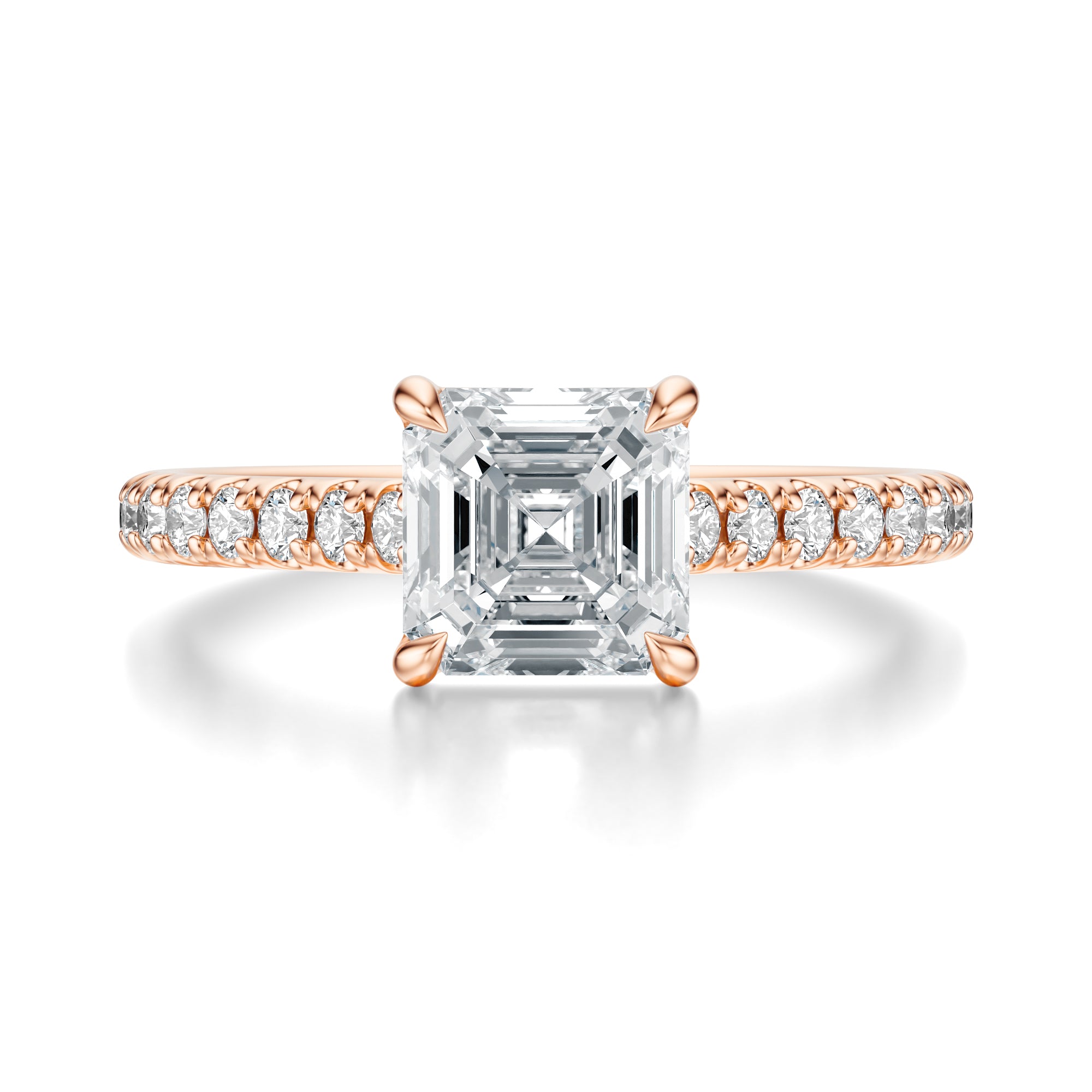 Signature Cathedral Asscher Engagement Ring - Rose Gold Pavé Band - Front View