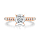 Signature Cathedral Cushion Engagement Ring - Rose Gold Pavé Band - Front View