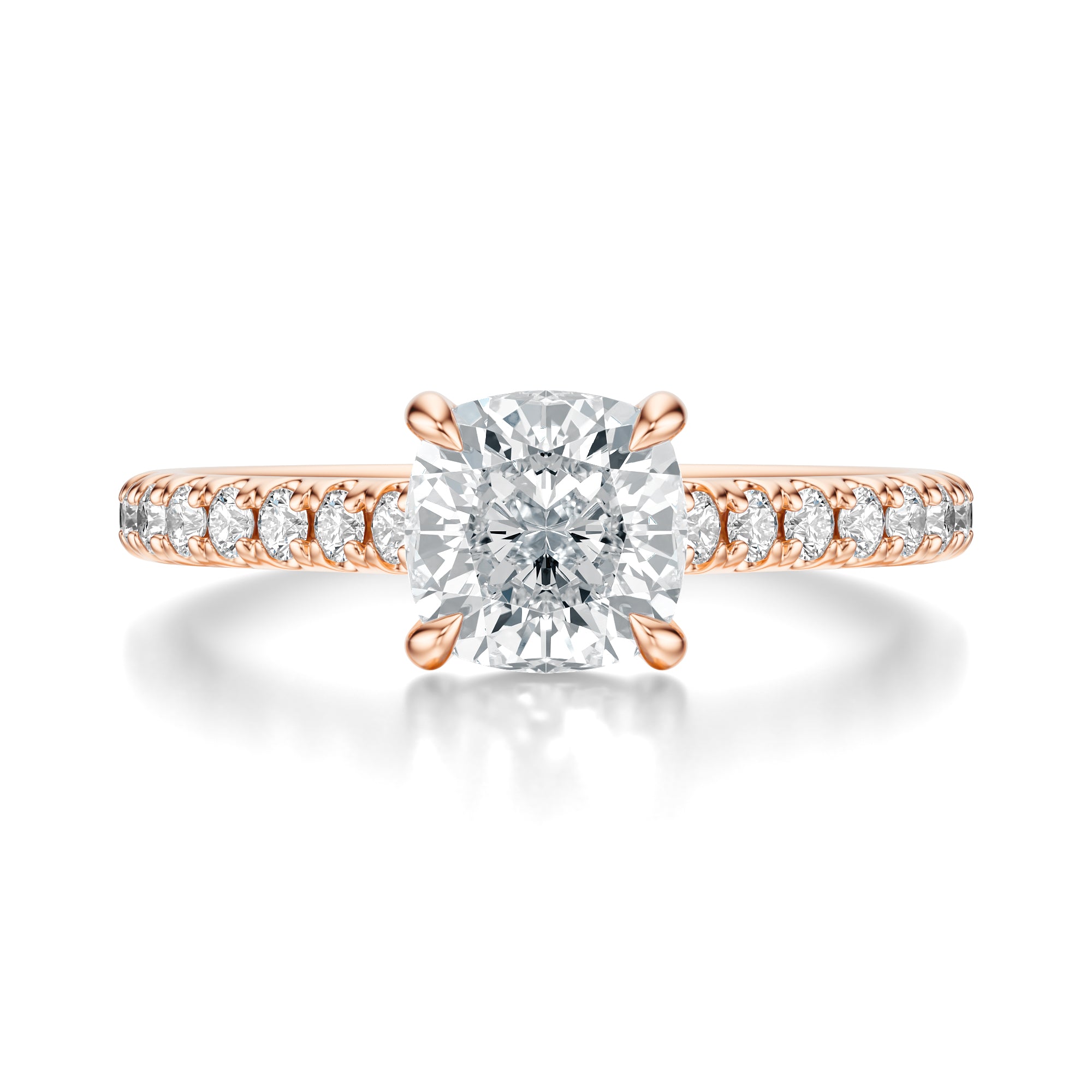 Signature Cathedral Cushion Engagement Ring - Rose Gold Pavé Band - Front View