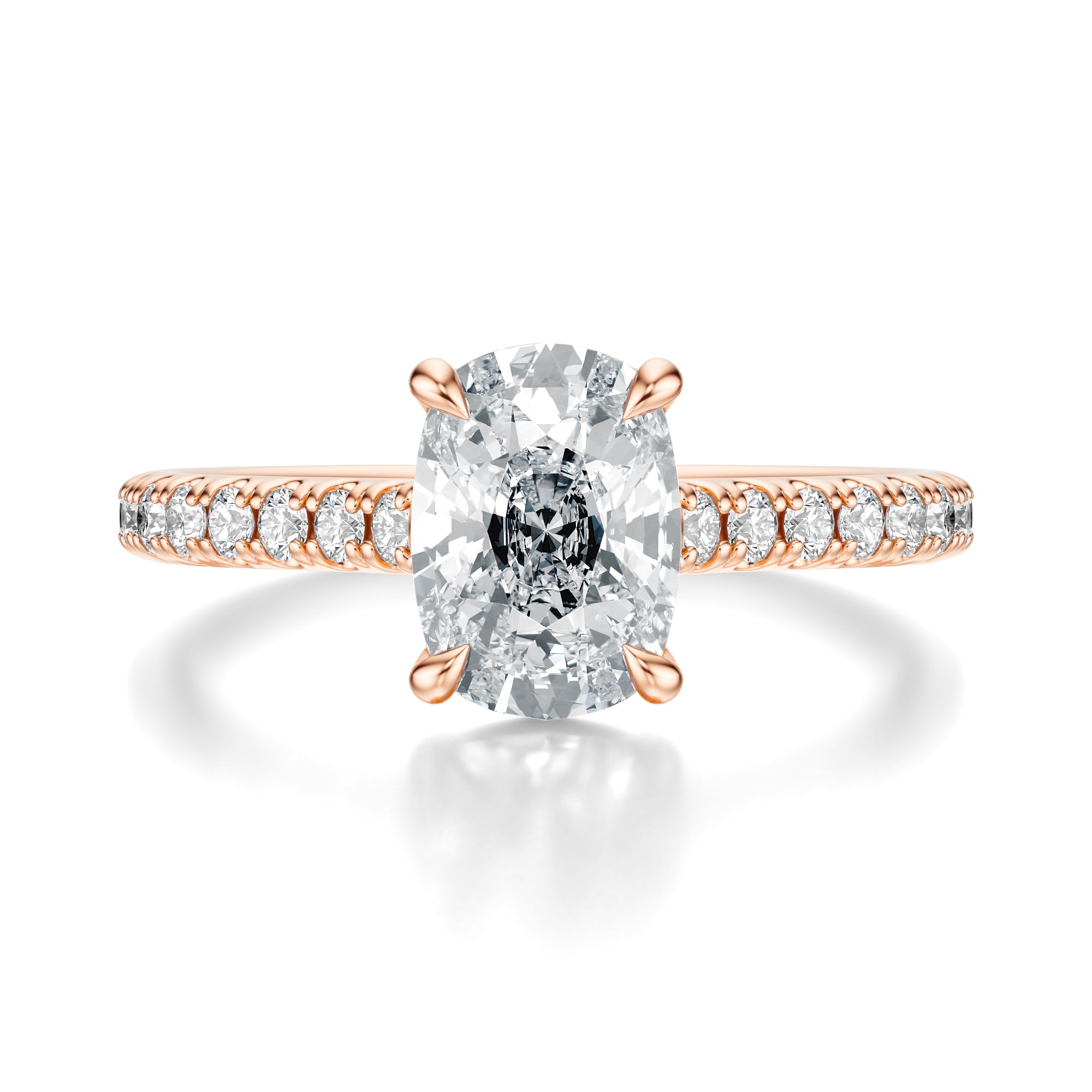 Signature Cathedral Elongated Cushion Engagement Ring - Rose Gold Pavé Band - Front View
