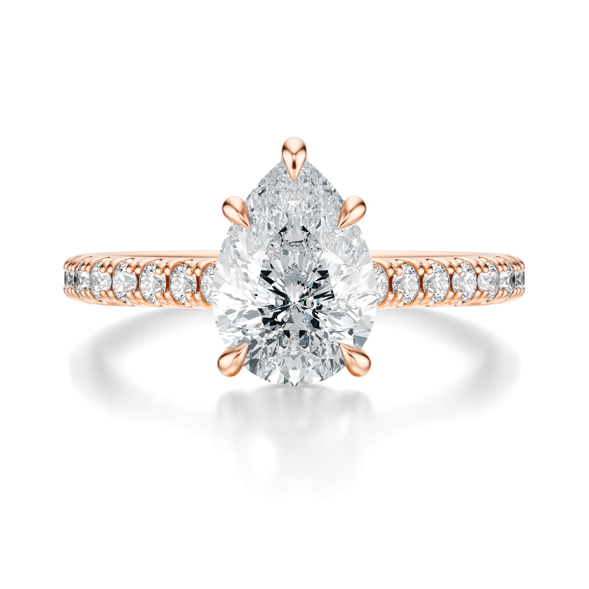 Signature Cathedral Pear Engagement Ring - Rose Gold Pavé Band - Front View