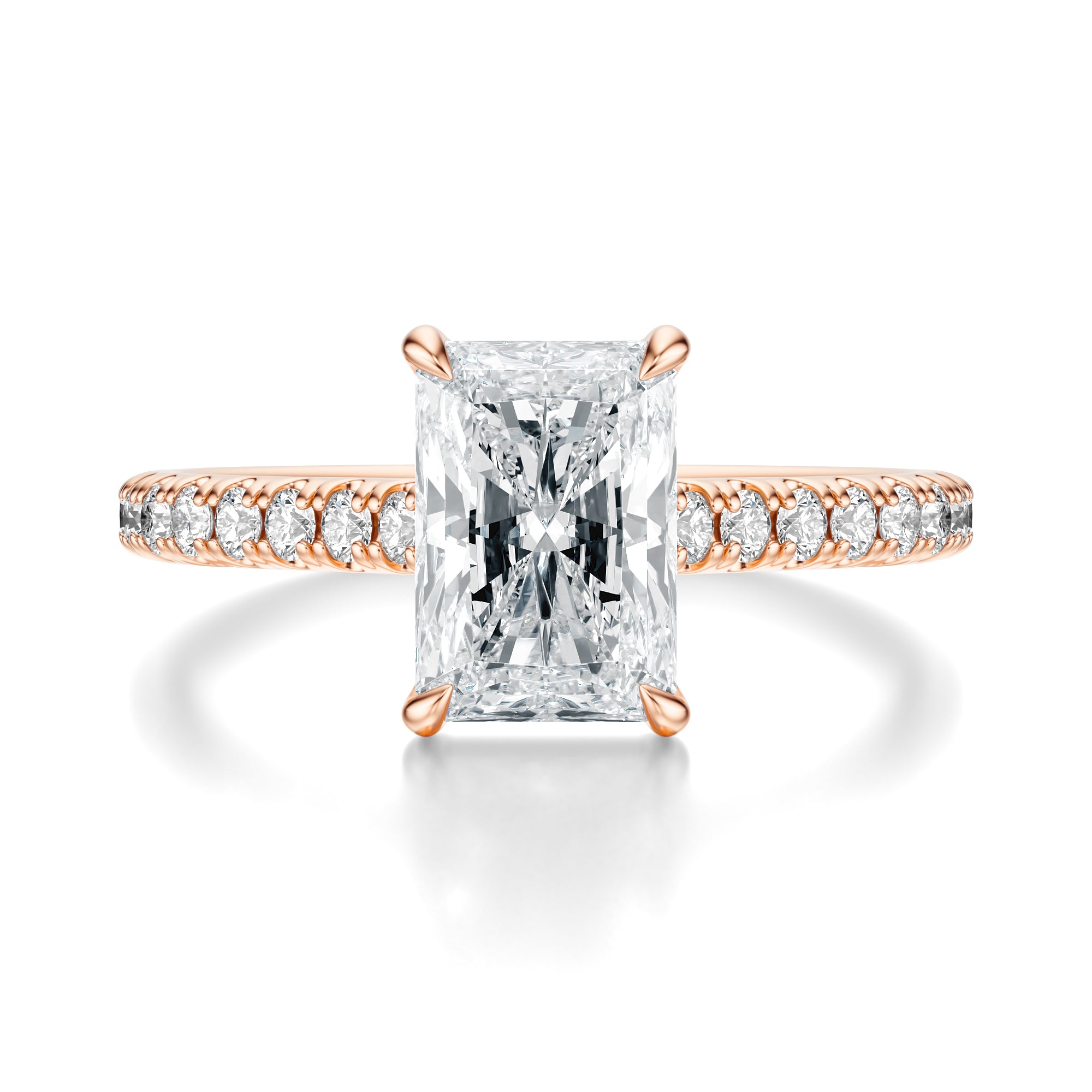 Signature Cathedral Radiant Engagement Ring - Rose Gold Pavé Band - Front View