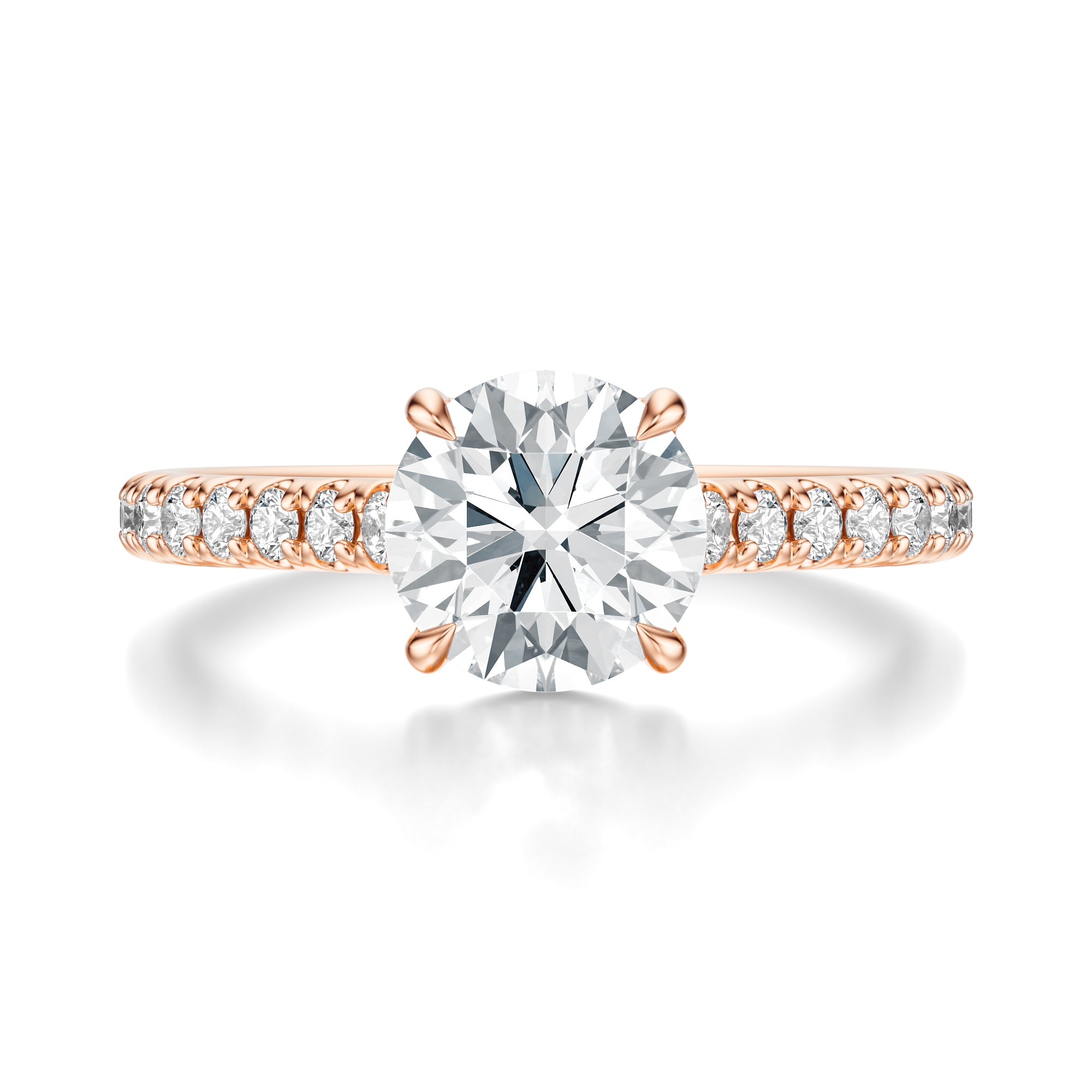 Signature Cathedral Round Engagement Ring - Rose Gold Pavé Band - Front View