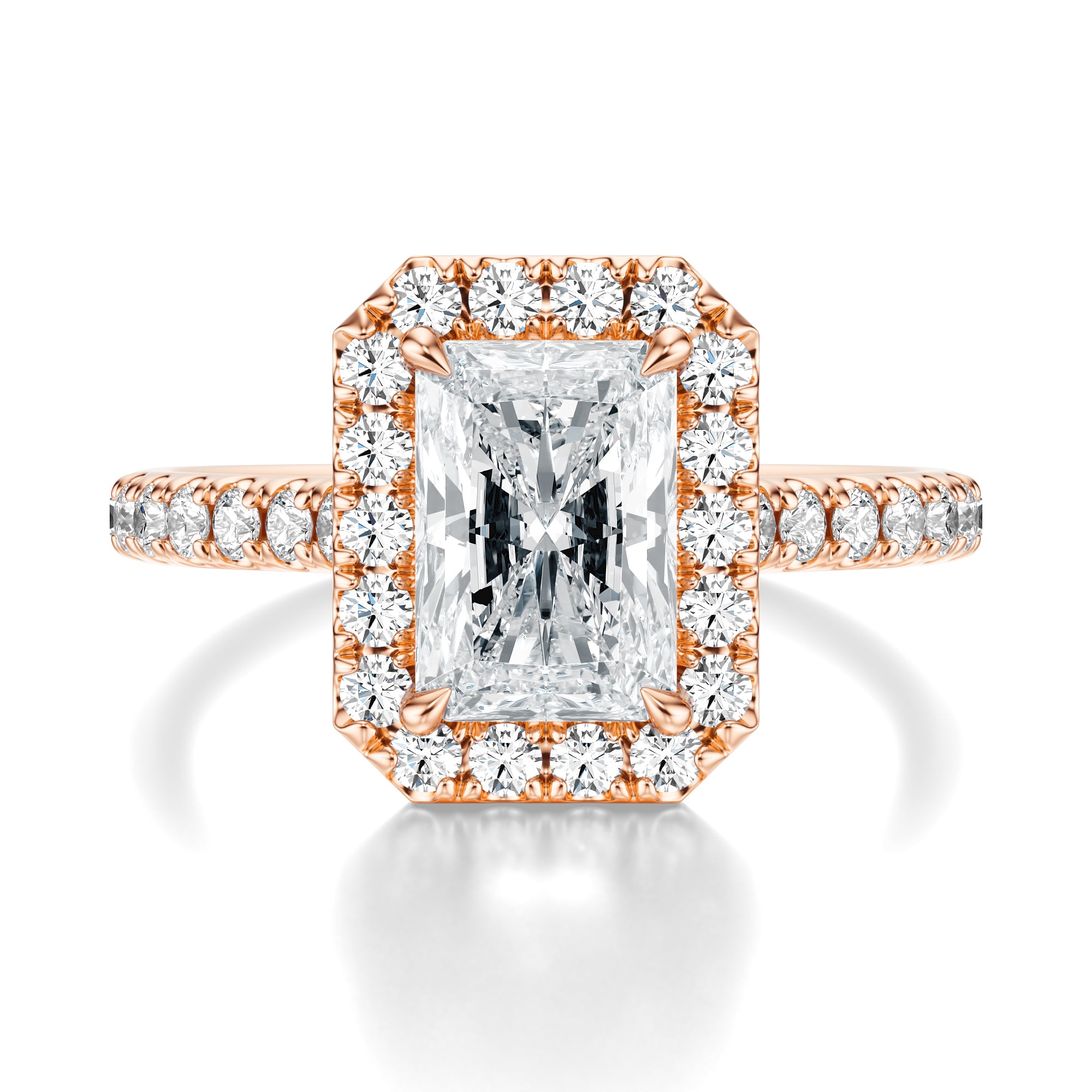 Signature Halo Radiant Engagement Ring - Rose Gold Pavé Band - Front View