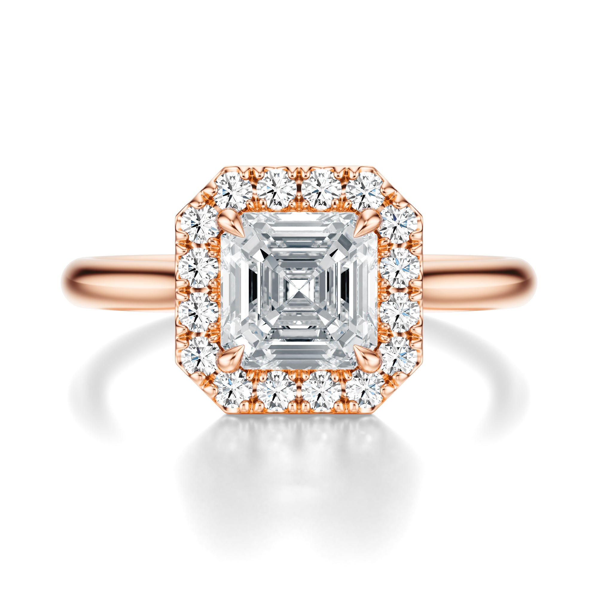 Signature Halo Asscher Engagement Ring - Rose Gold Polished Band - Front View