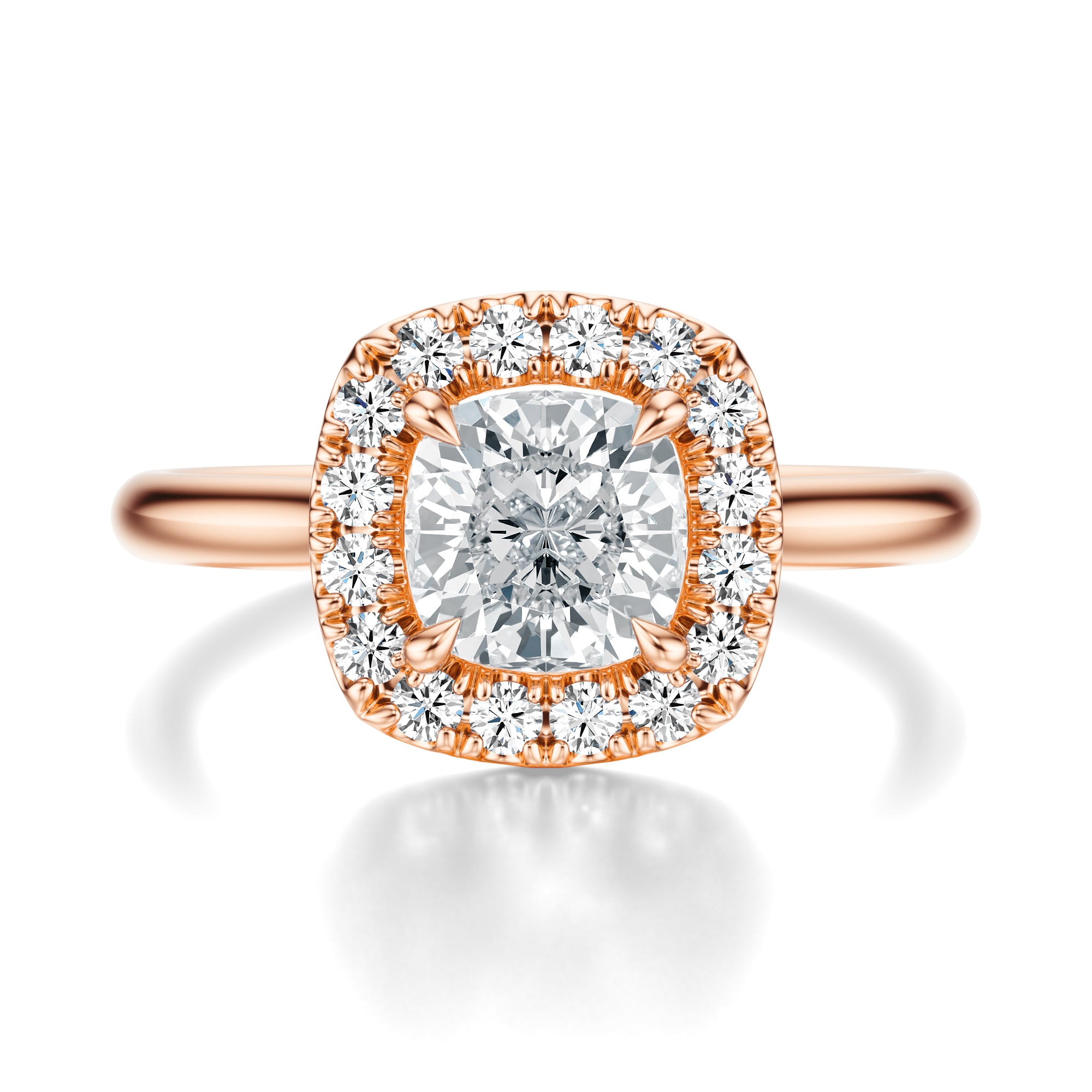 Signature Halo Cushion Engagement Ring - Rose Gold Polished Band - Front View