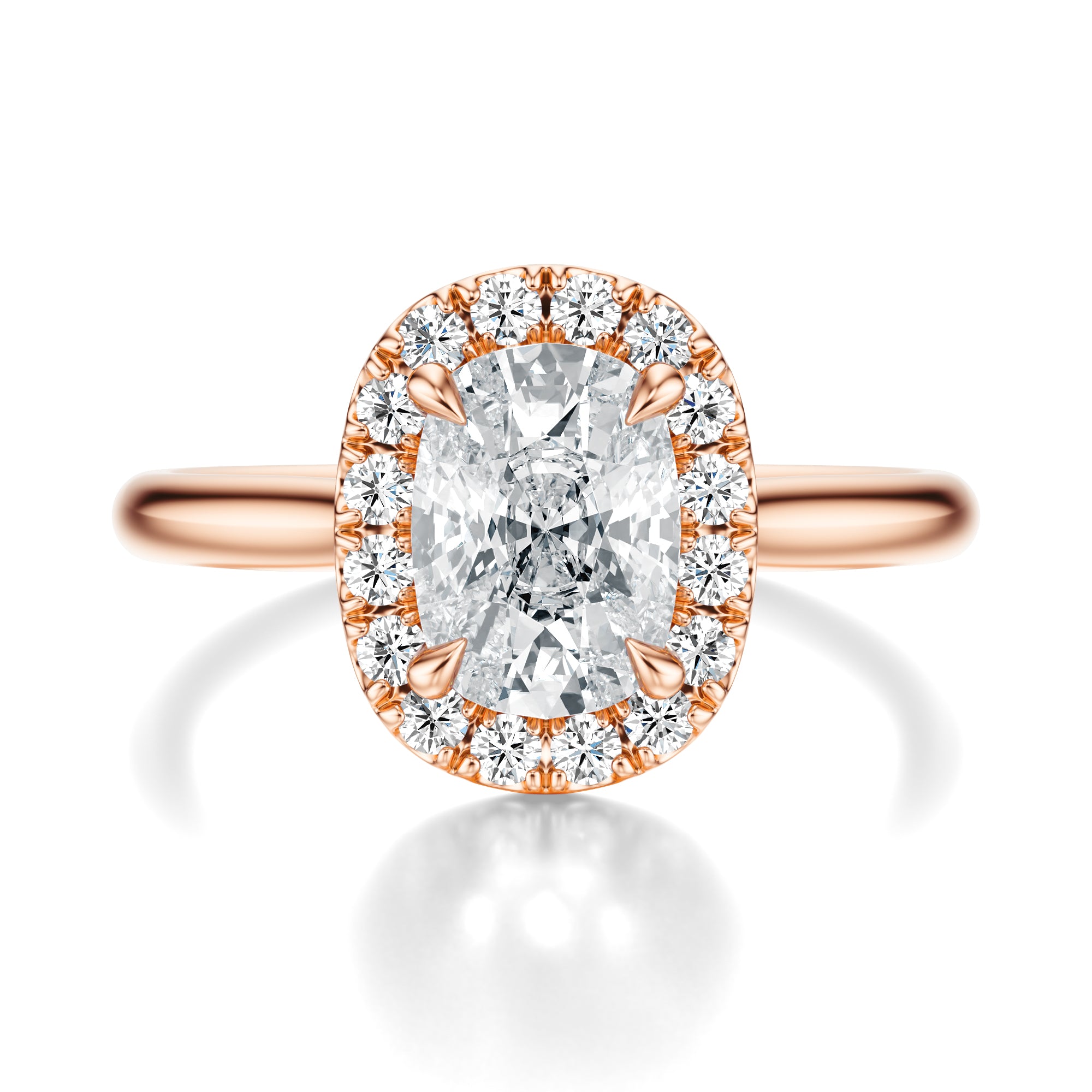 Signature Halo Elongated Cushion Engagement Ring - Rose Gold Polished Band - Front View