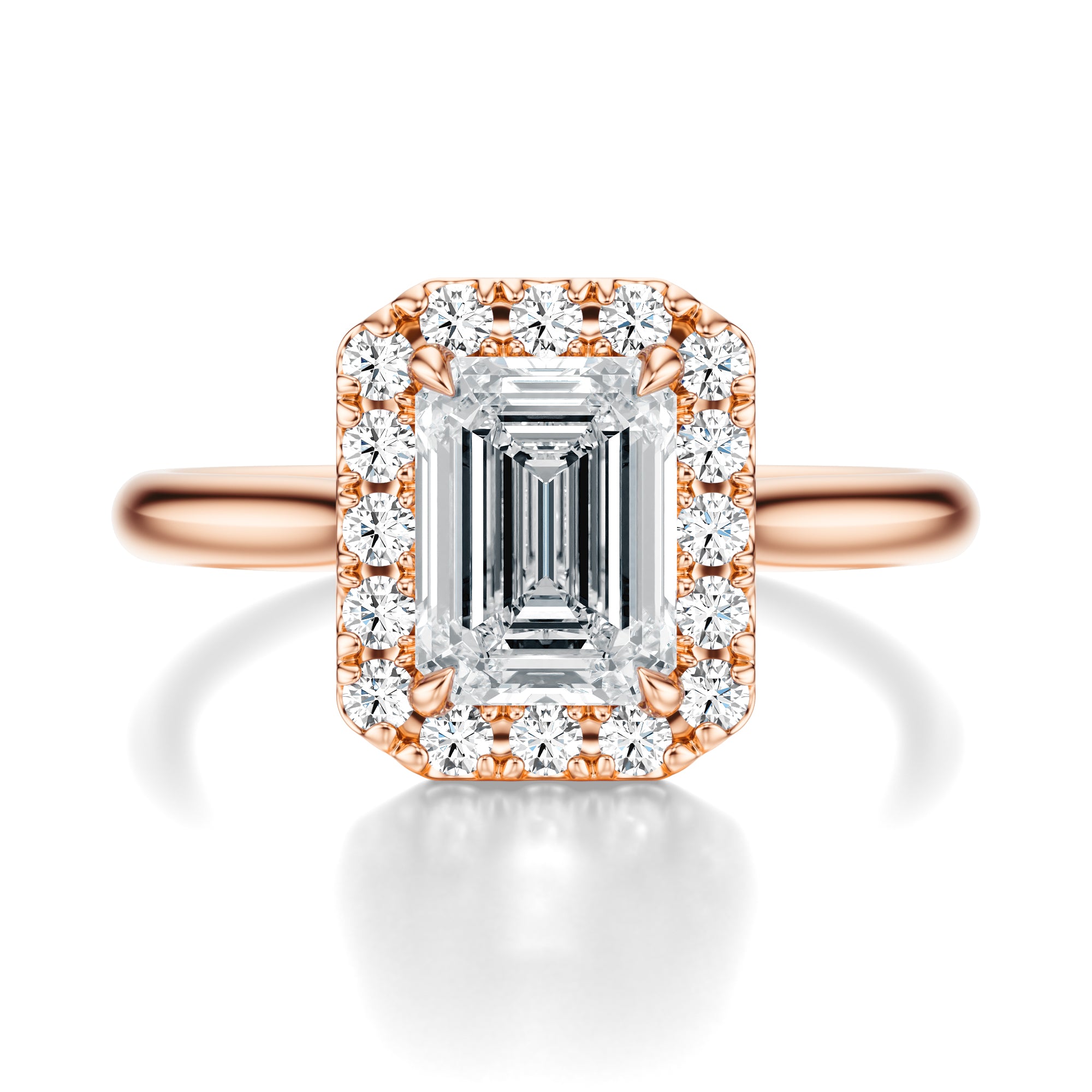 Signature Halo Emerald Engagement Ring - Rose Gold Polished Band - Front View