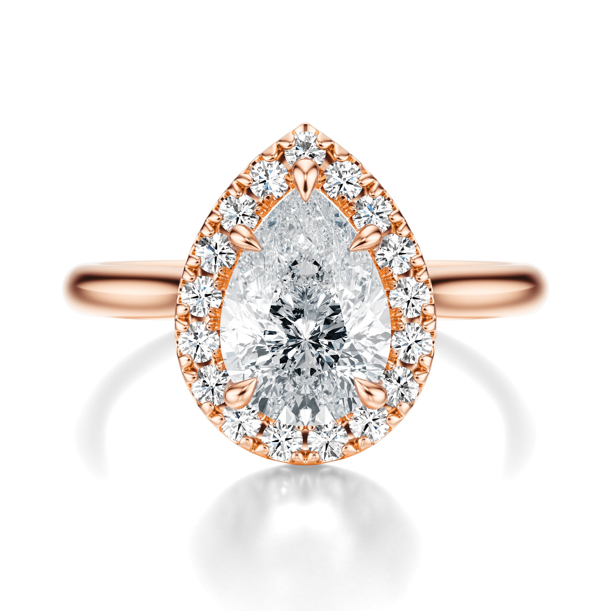 Signature Halo Pear Engagement Ring - Rose Gold Polished Band - Front View