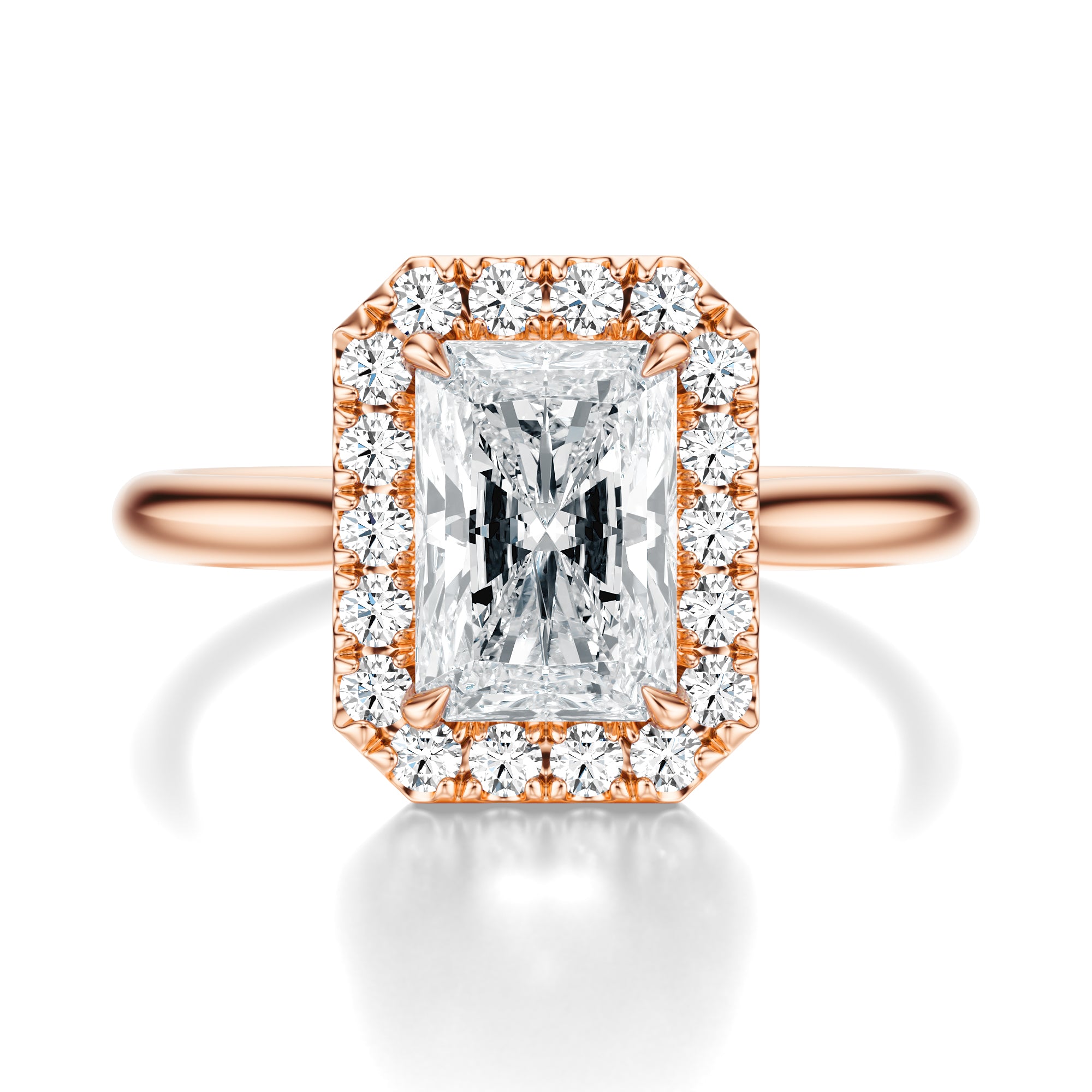 Signature Halo Radiant Engagement Ring - Rose Gold Polished Band - Front View