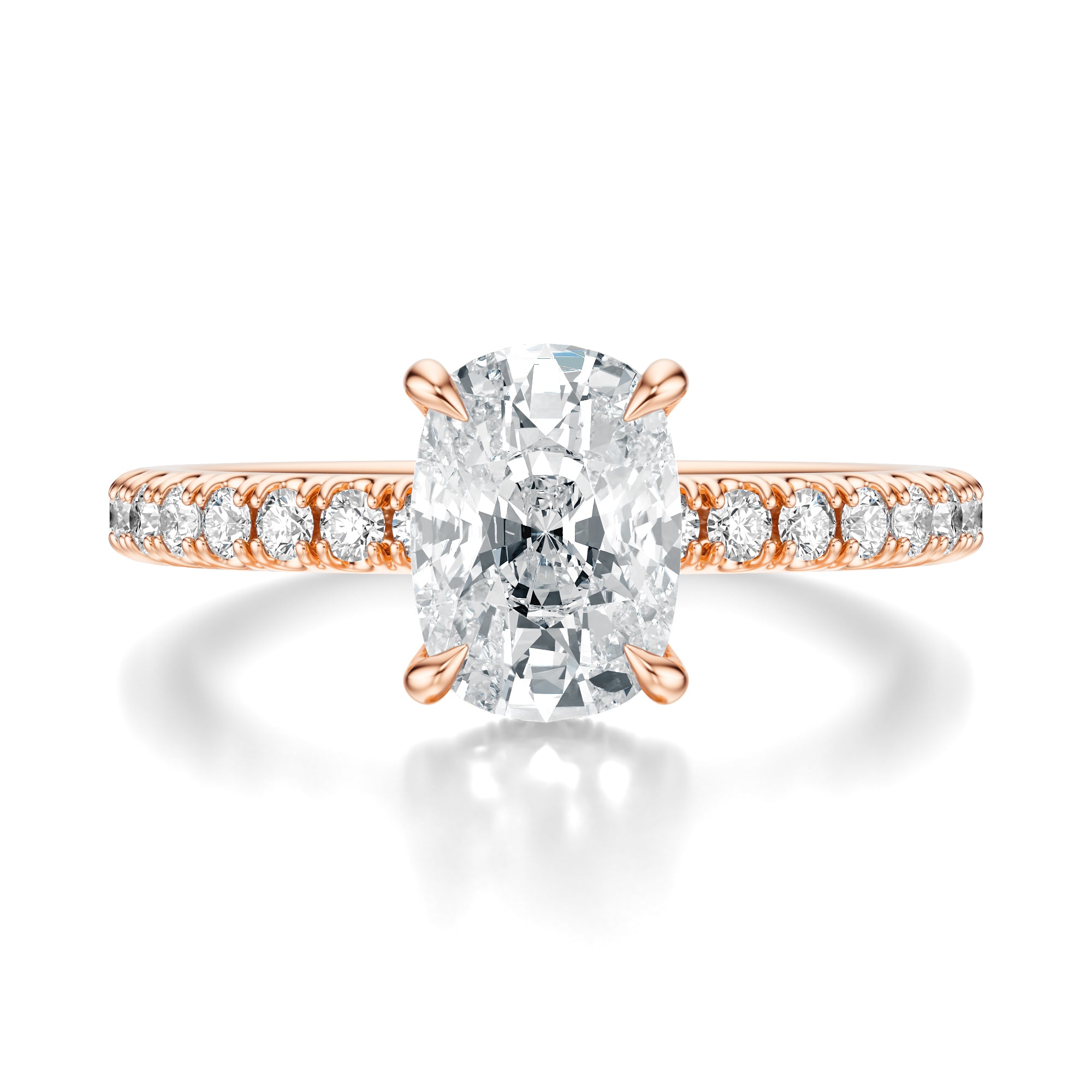 Signature Hidden Halo Elongated Cushion Engagement Ring - Rose Gold Pavé Band - Front View