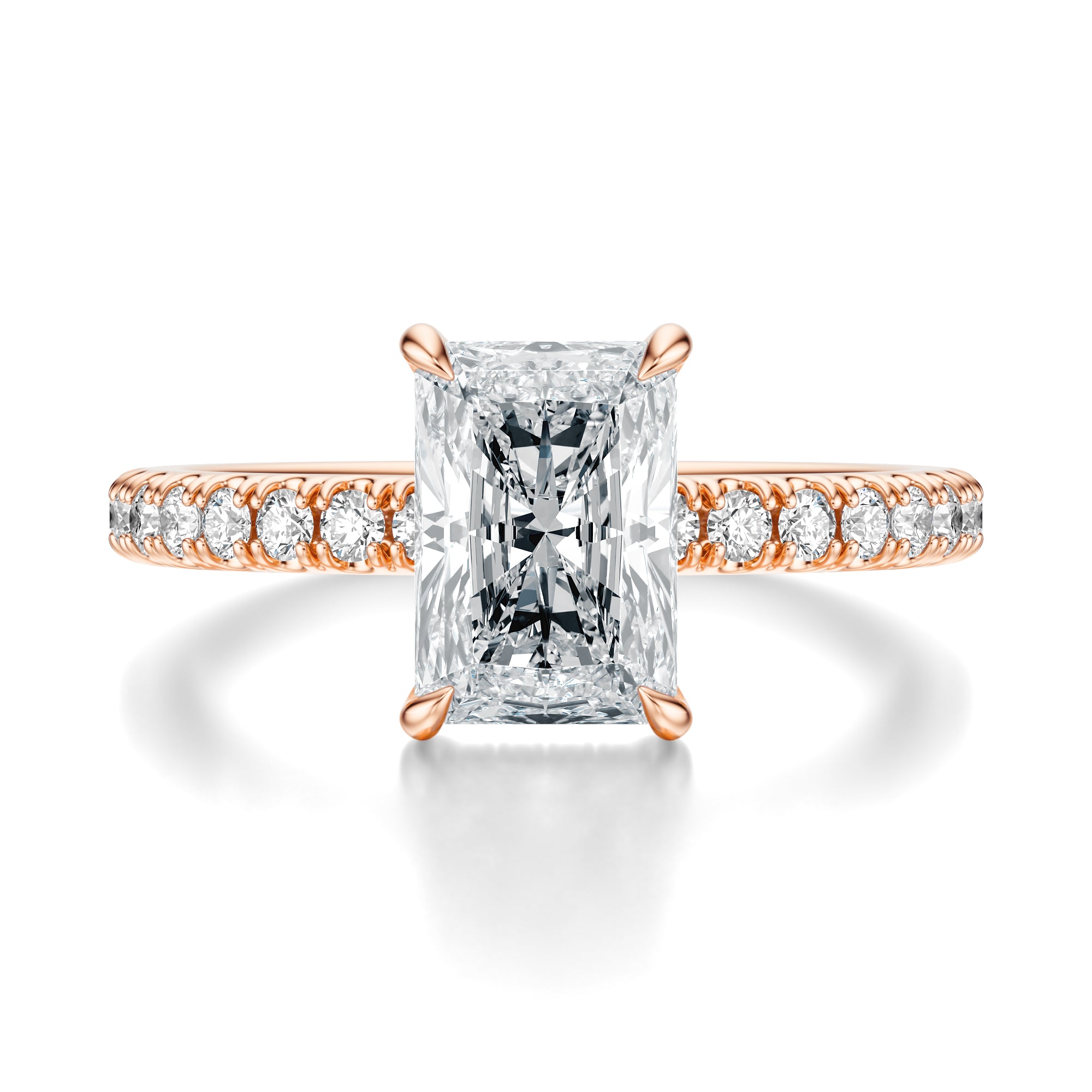 Signature Hidden Halo Radiant Engagement Ring - Rose Gold Pavé Band - Front View