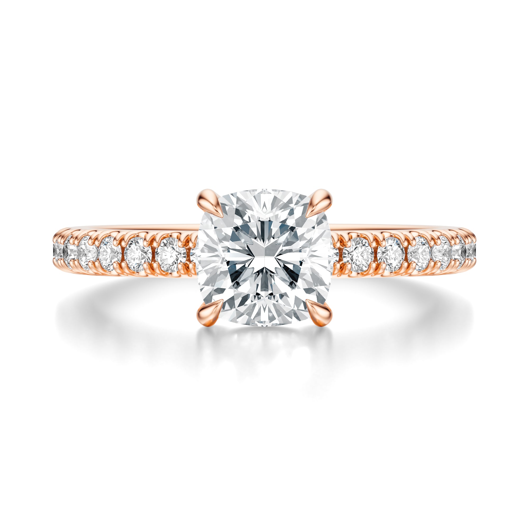 Signature Solitaire Cushion Engagement Ring - Rose Gold Pavé Band - Front View