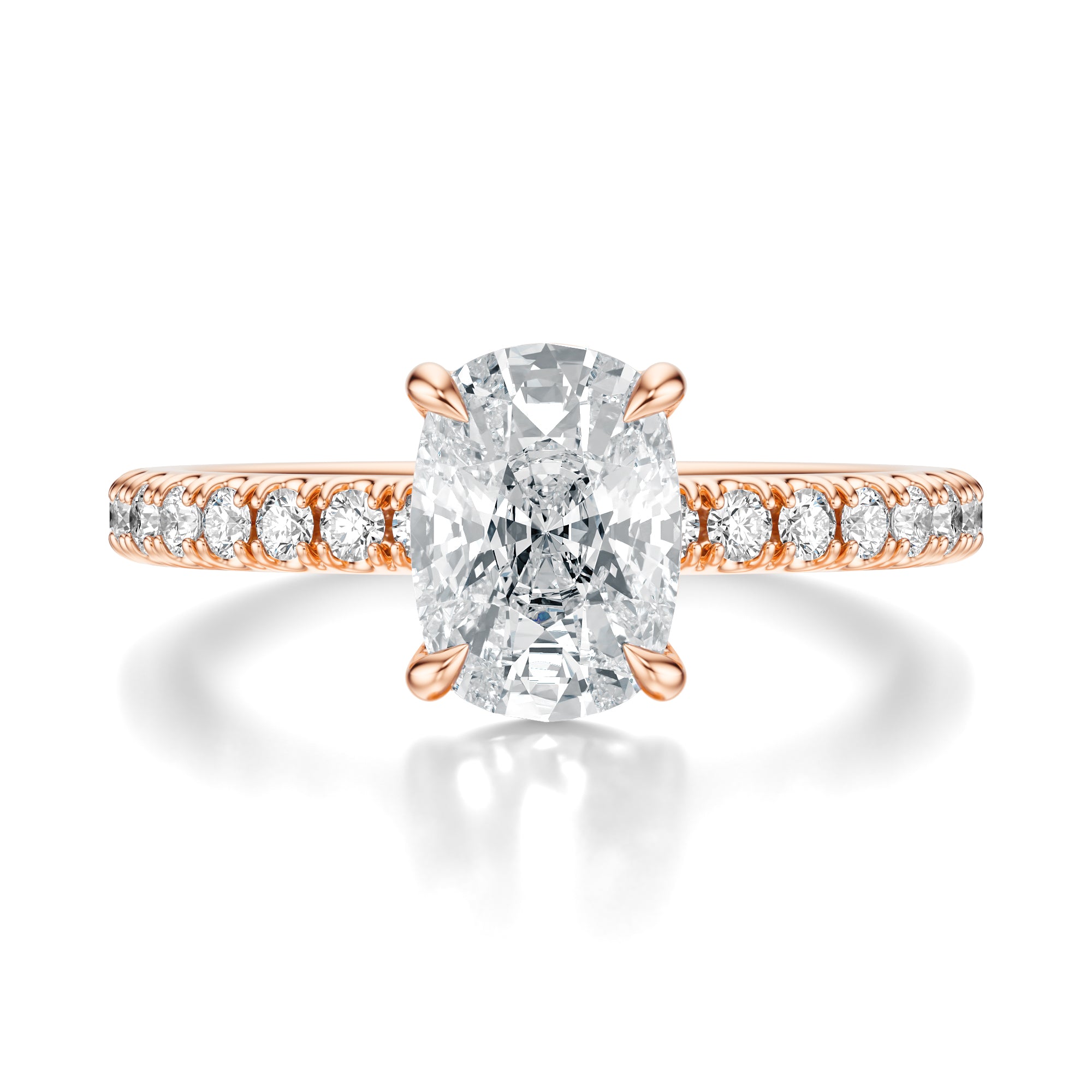 Signature Solitaire Elongated Cushion Engagement Ring - Rose Gold Pavé Band - Front View