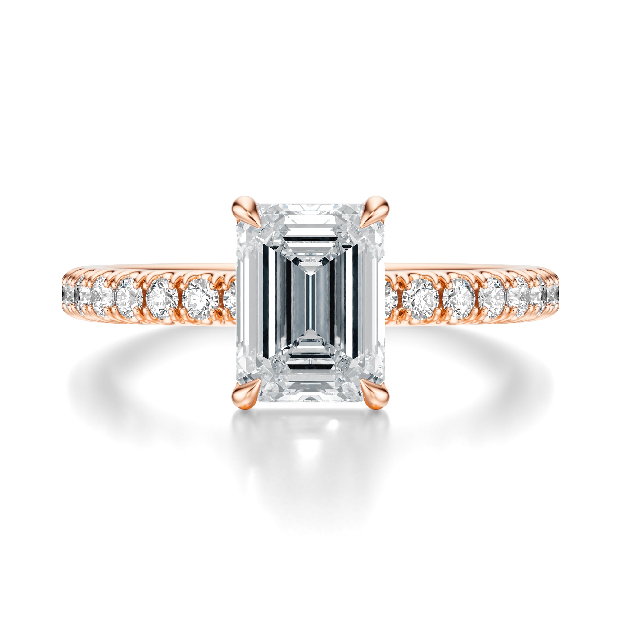 Signature Solitaire Emerald Engagement Ring - Rose Gold Pavé Band - Front View
