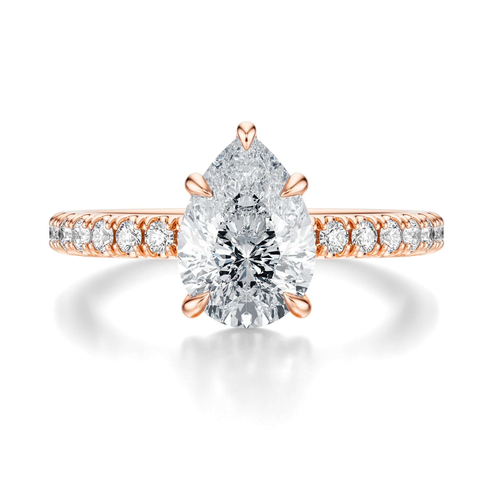 Signature Solitaire Pear Engagement Ring - Rose Gold Pavé Band - Front View