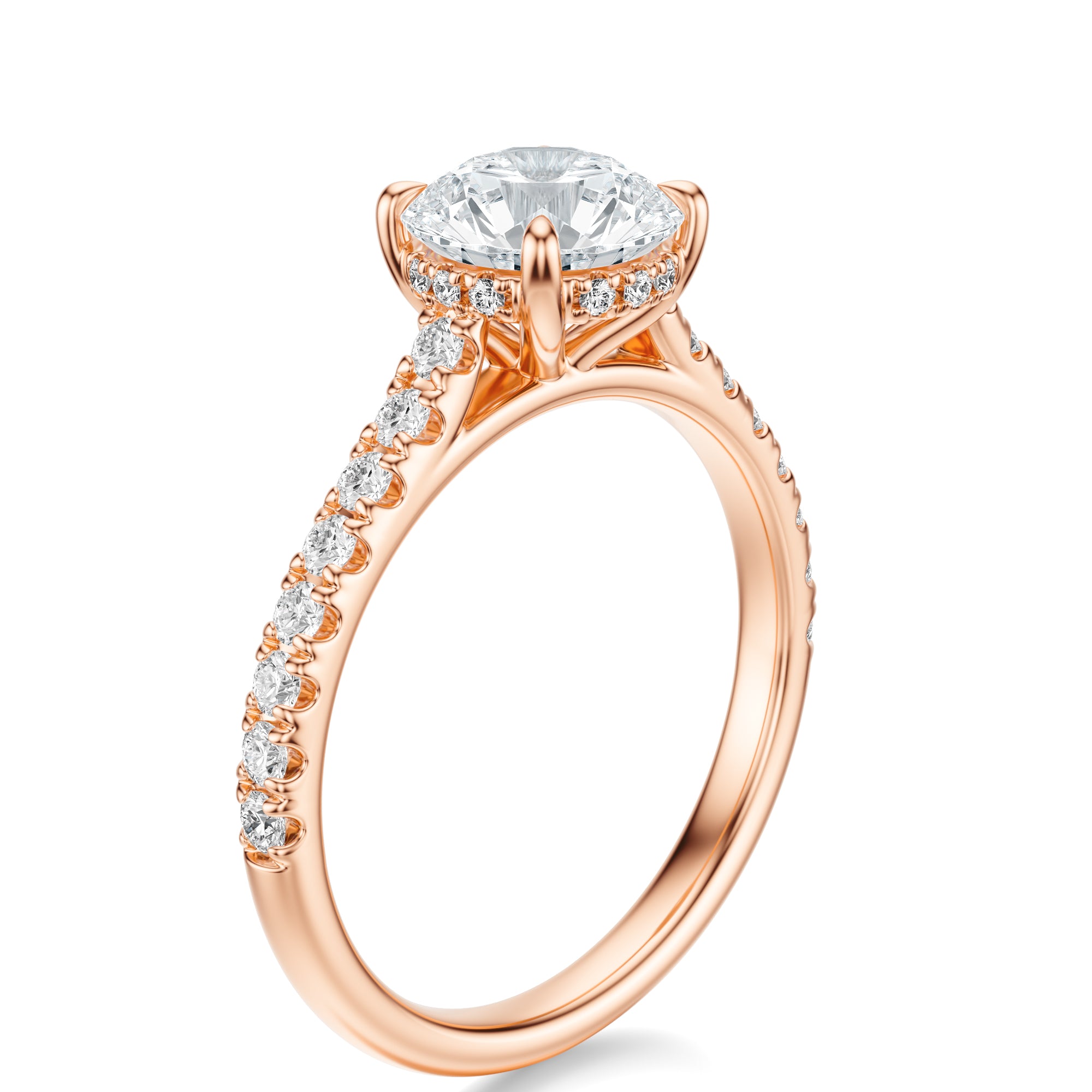 Signature Cathedral Hidden Halo Round Engagement Ring - Rose Gold Pavé Band - Side View