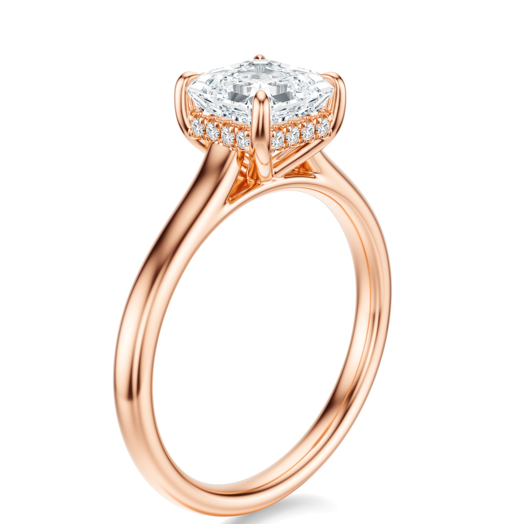 Signature Cathedral Hidden Halo Asscher Engagement Ring - Rose Gold Polished Band - Side View