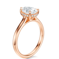 Signature Cathedral Hidden Halo Pear Engagement Ring - Rose Gold Polished Band - Side View