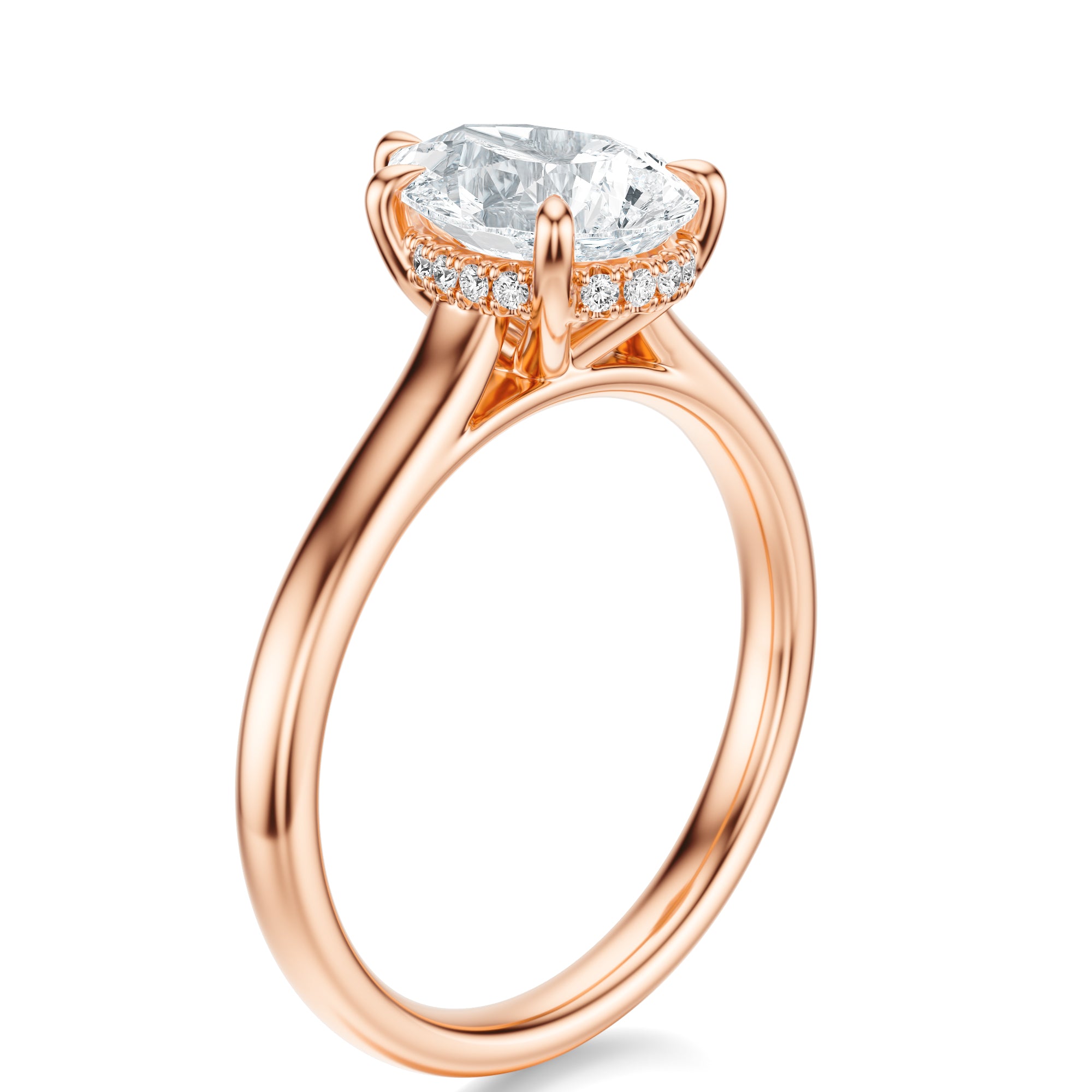 Signature Cathedral Hidden Halo Pear Engagement Ring - Rose Gold Polished Band - Side View