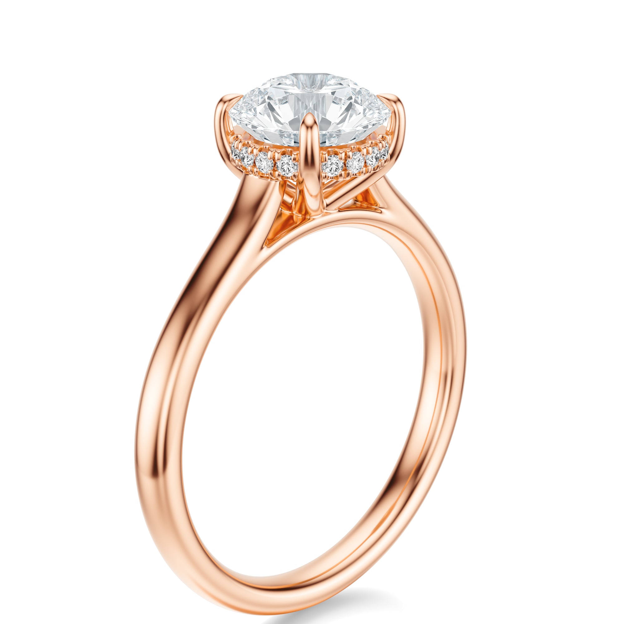 Signature Cathedral Hidden Halo Round Engagement Ring - Rose Gold Polished Band - Side View