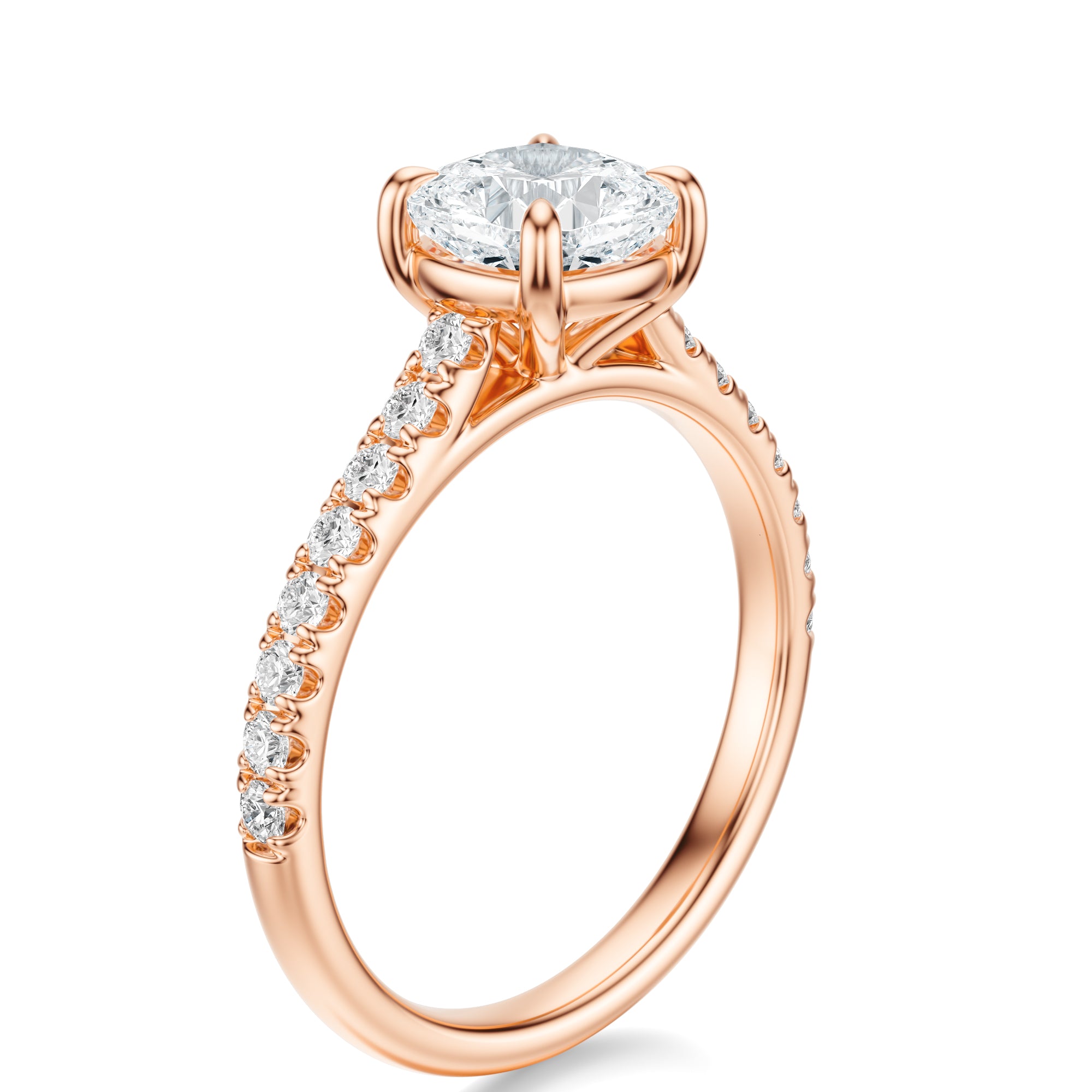 Signature Cathedral Cushion Engagement Ring - Rose Gold Pavé Band - Side View