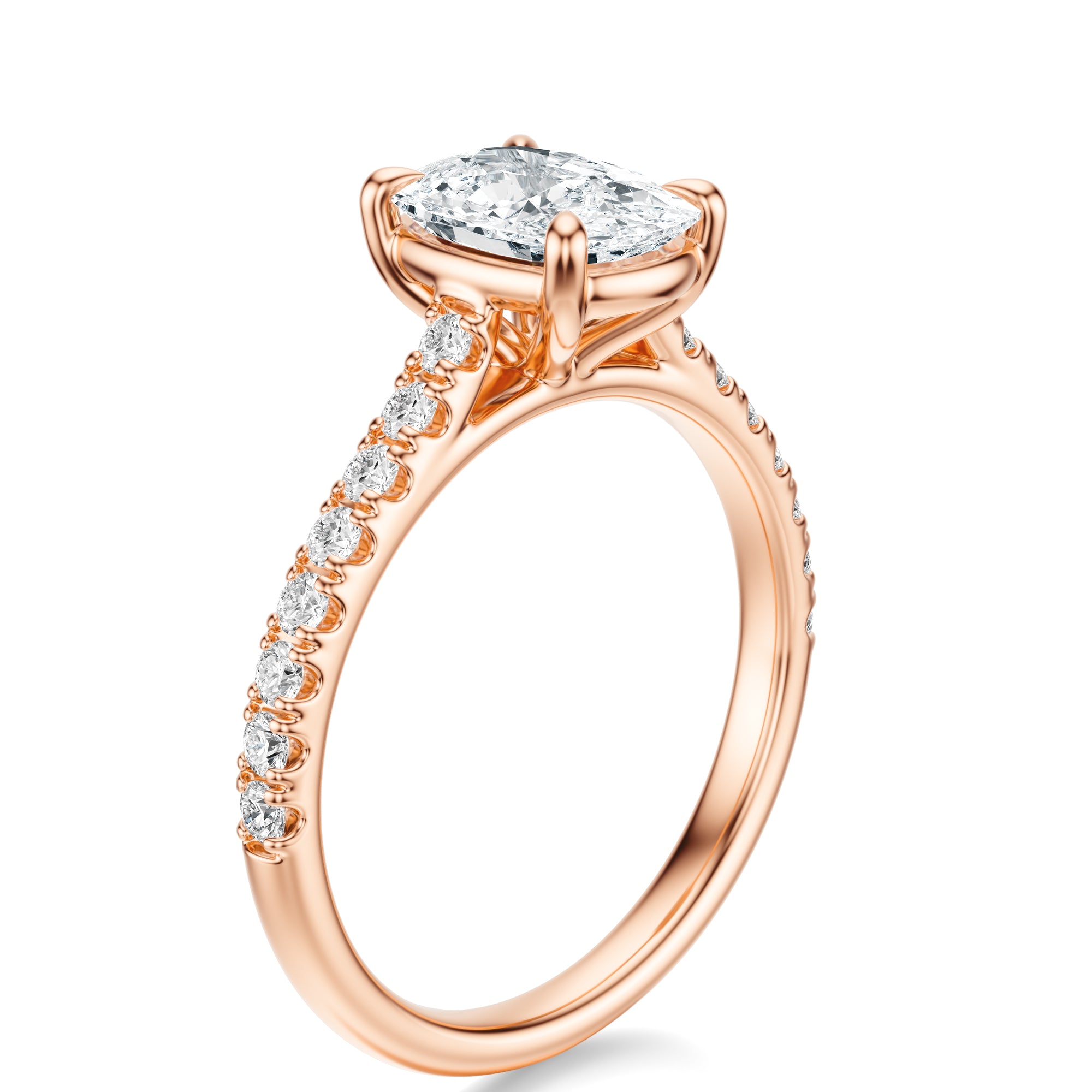 Signature Cathedral Elongated Cushion Engagement Ring - Rose Gold Pavé Band - Side View
