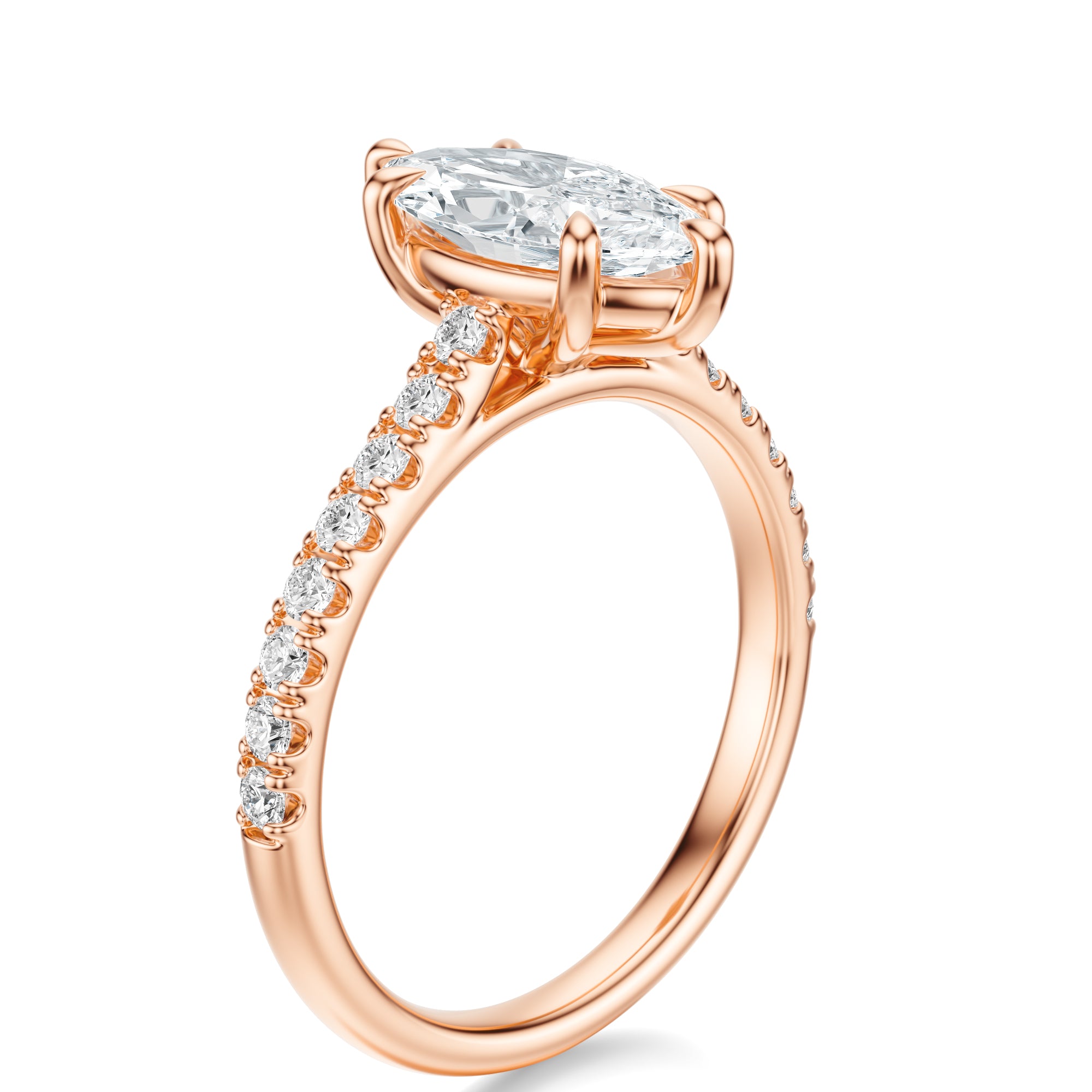 Signature Cathedral Marquise Engagement Ring - Rose Gold Pavé Band - Side View