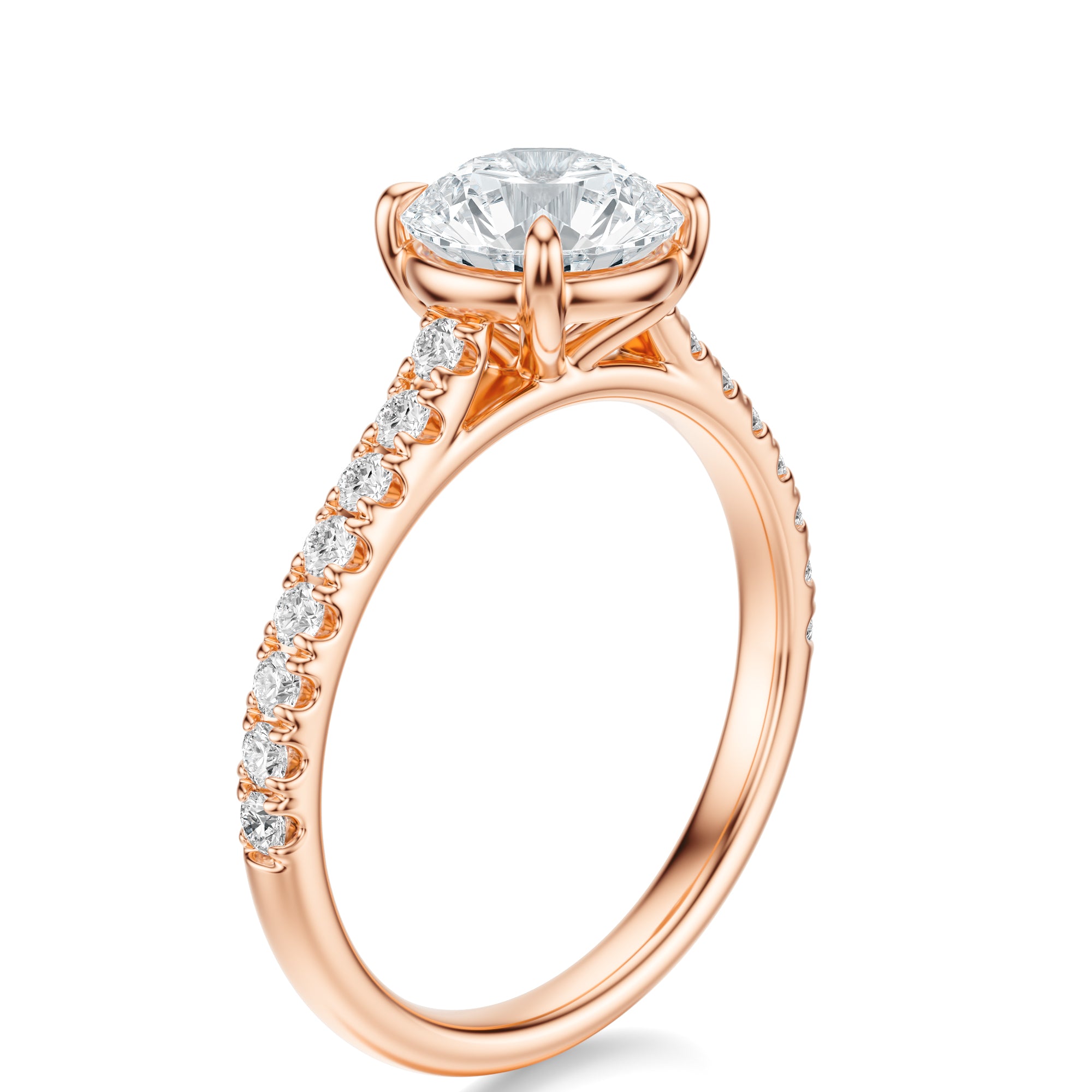 Signature Cathedral Round Engagement Ring - Rose Gold Pavé Band - Side View